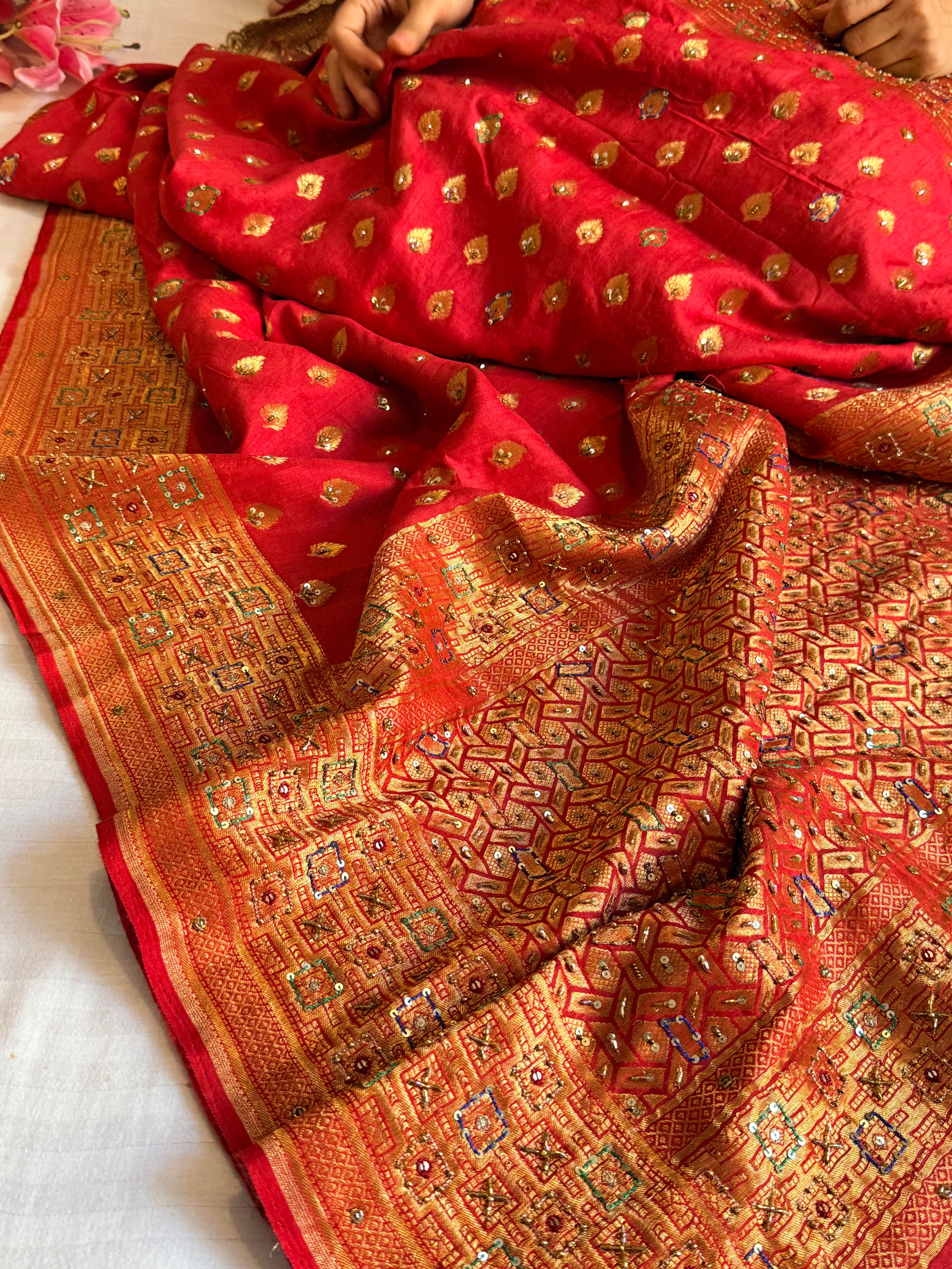 Banarasi moonga silk deep red hand embroidered kadhwa saree