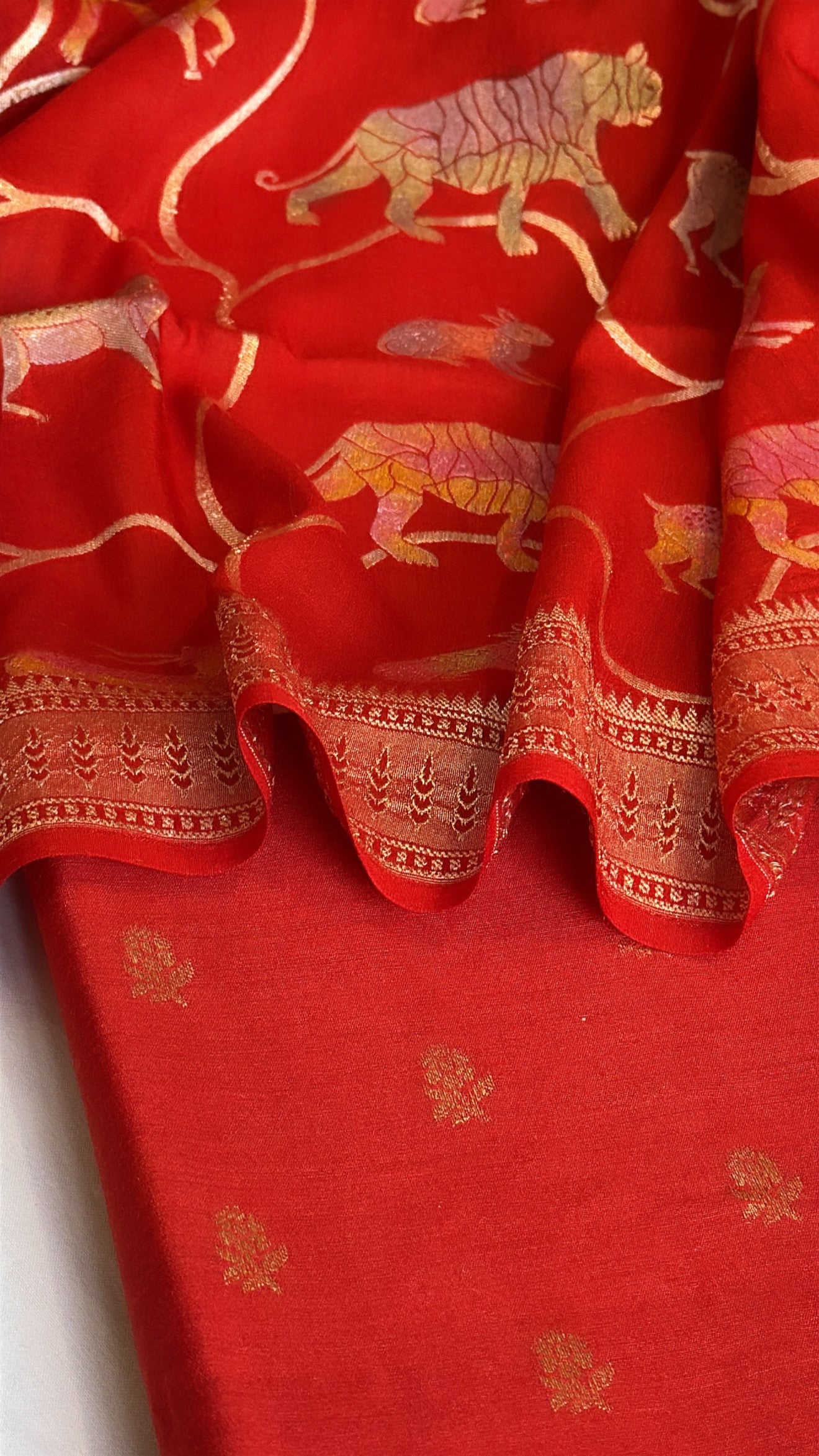 Tomato red moonga silk shikargah motif jaal work weaving suit set