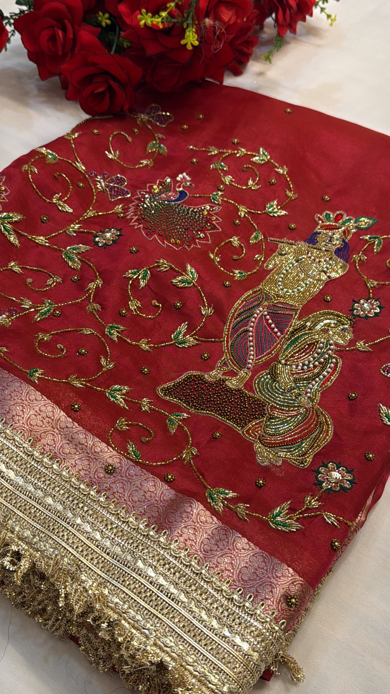 Dulhan ka joda husn red tissue silk hand embroidered kadhwa saree