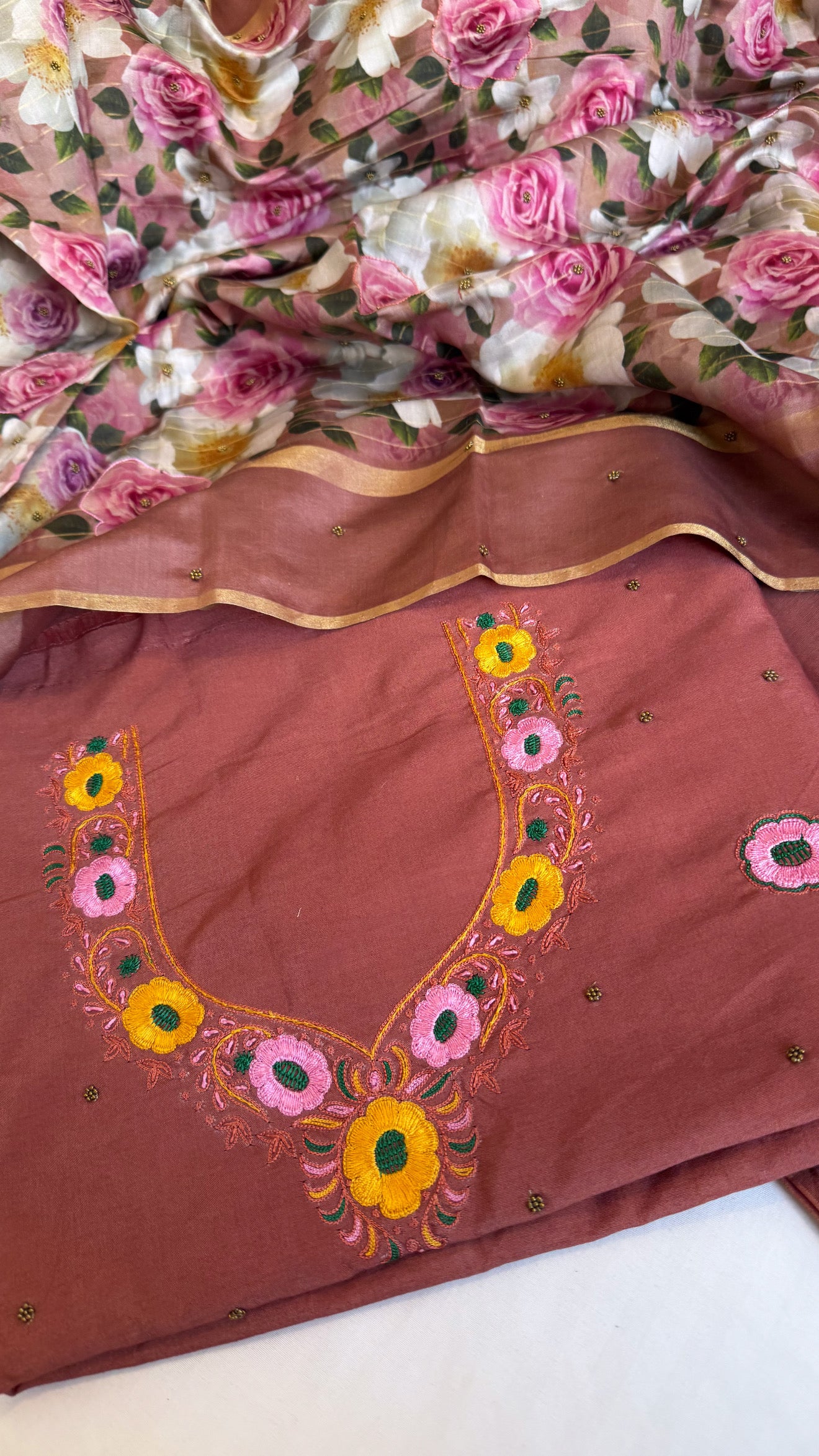 Brick peach resham hand embroidered mul cotton suit set