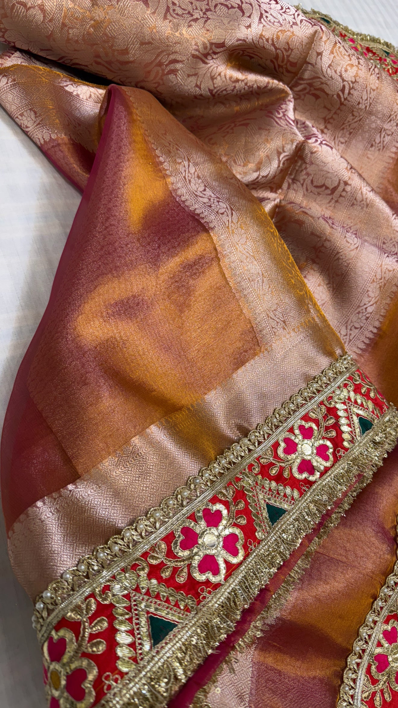Blush golden pink maharani tissue silk meenakari border saree