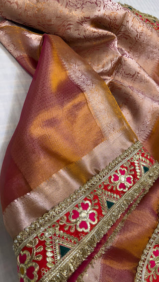 Blush golden pink maharani tissue silk meenakari border saree