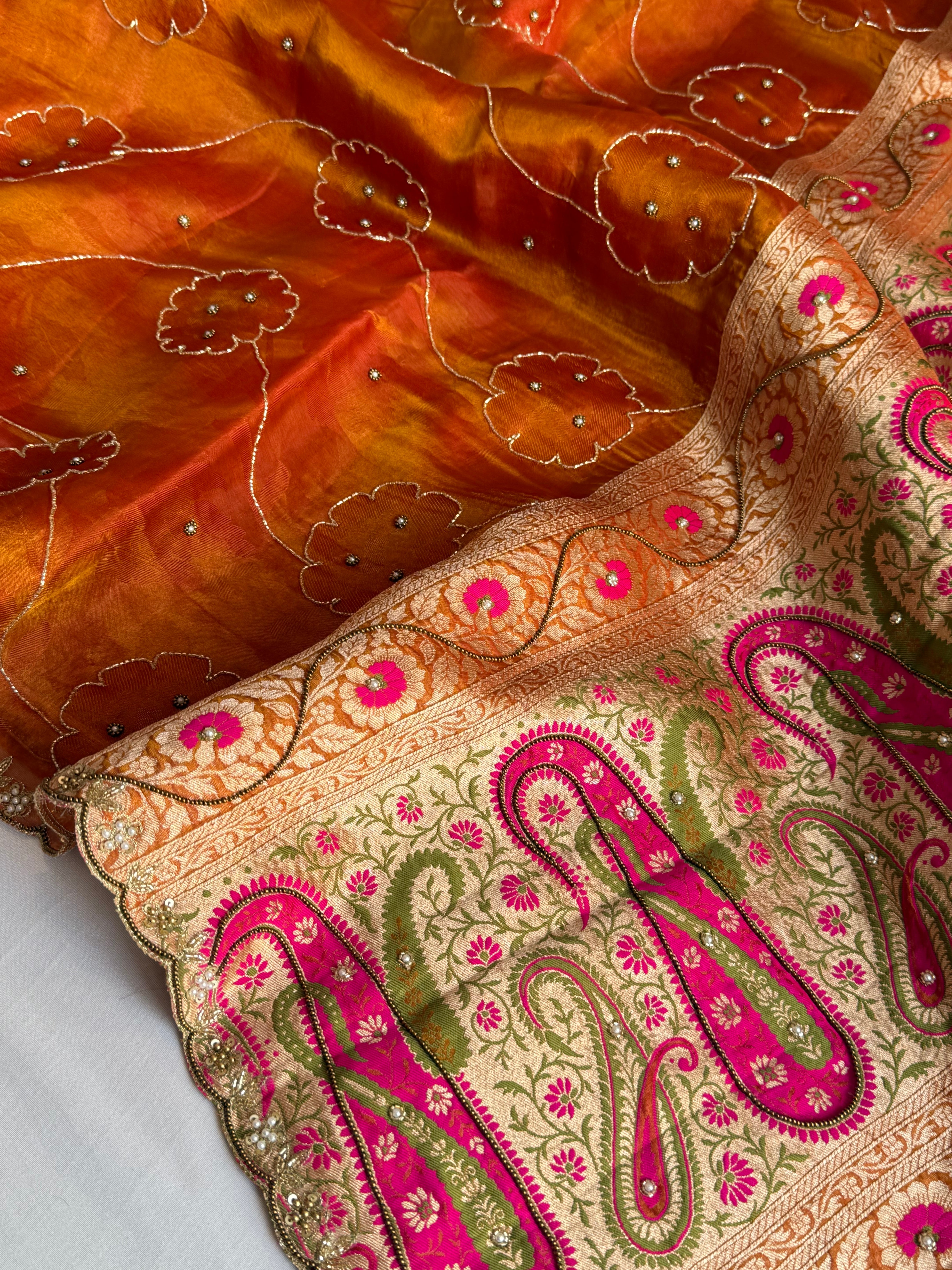 Fanta orange tissue tanchoi meenakari jamevar pallu hand embroidered saree