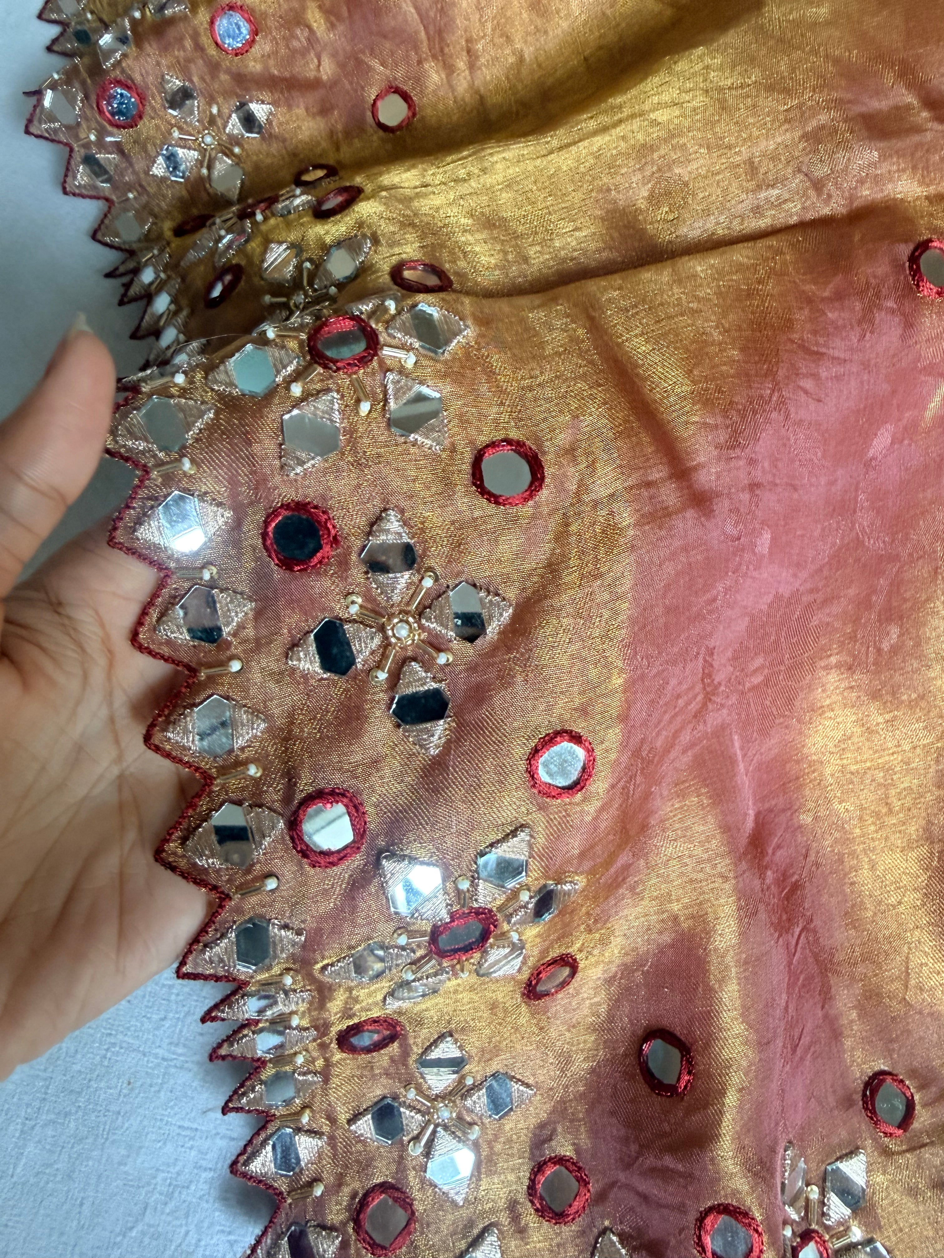 Kanjivaram pink tissue silk mirrorwork hand embroidered saree