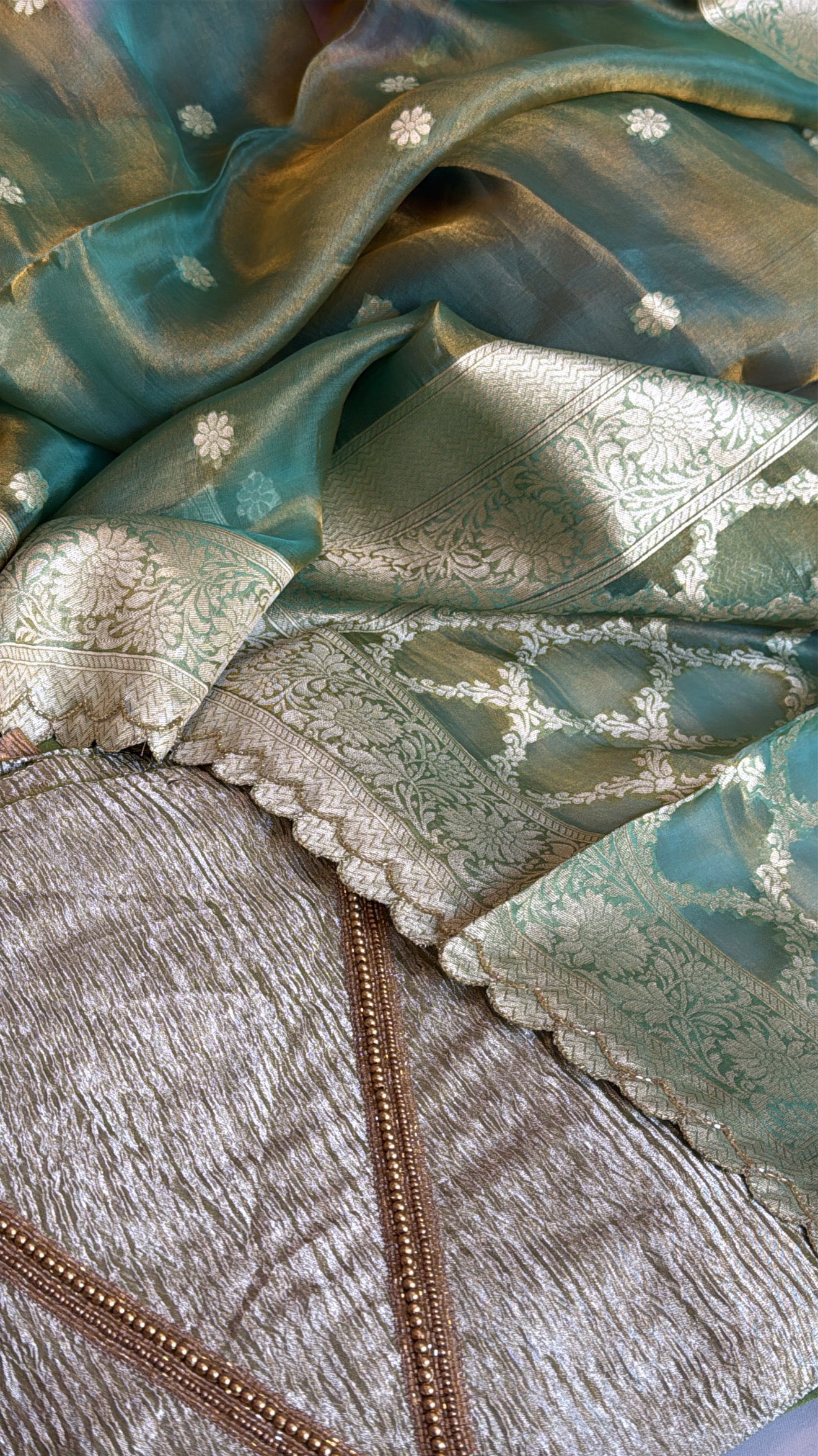 Vivah edit - Candy green crushed tissue silk hand embroidered suit sets