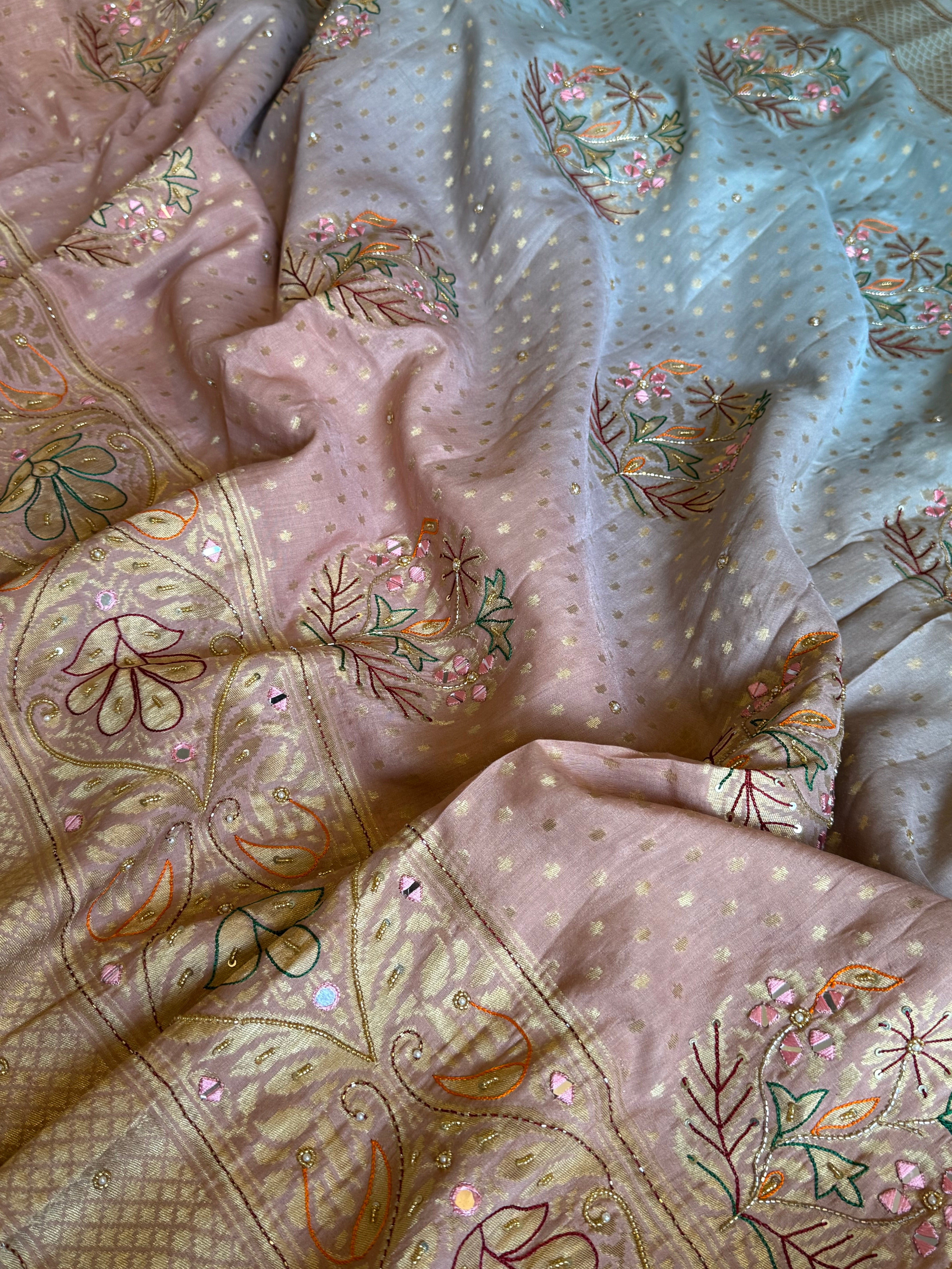 Moonga silk blush blue and pink ombre shaded hand embroidered kadhwa saree