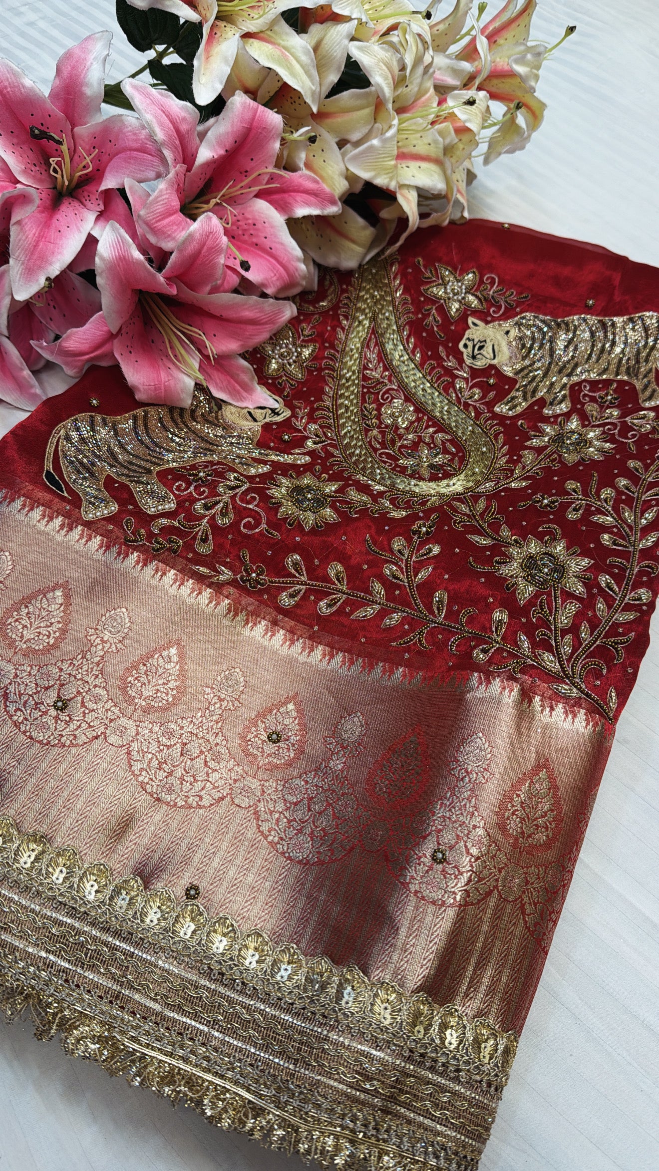 Red special - Husn metallic red tissue silk tiger motif hand embroidered kadhwa saree