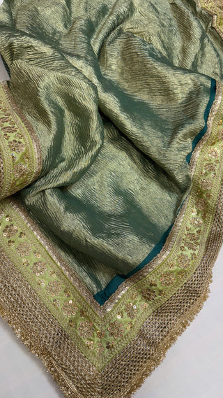 Moonga crushed tissue silk bottle green saree