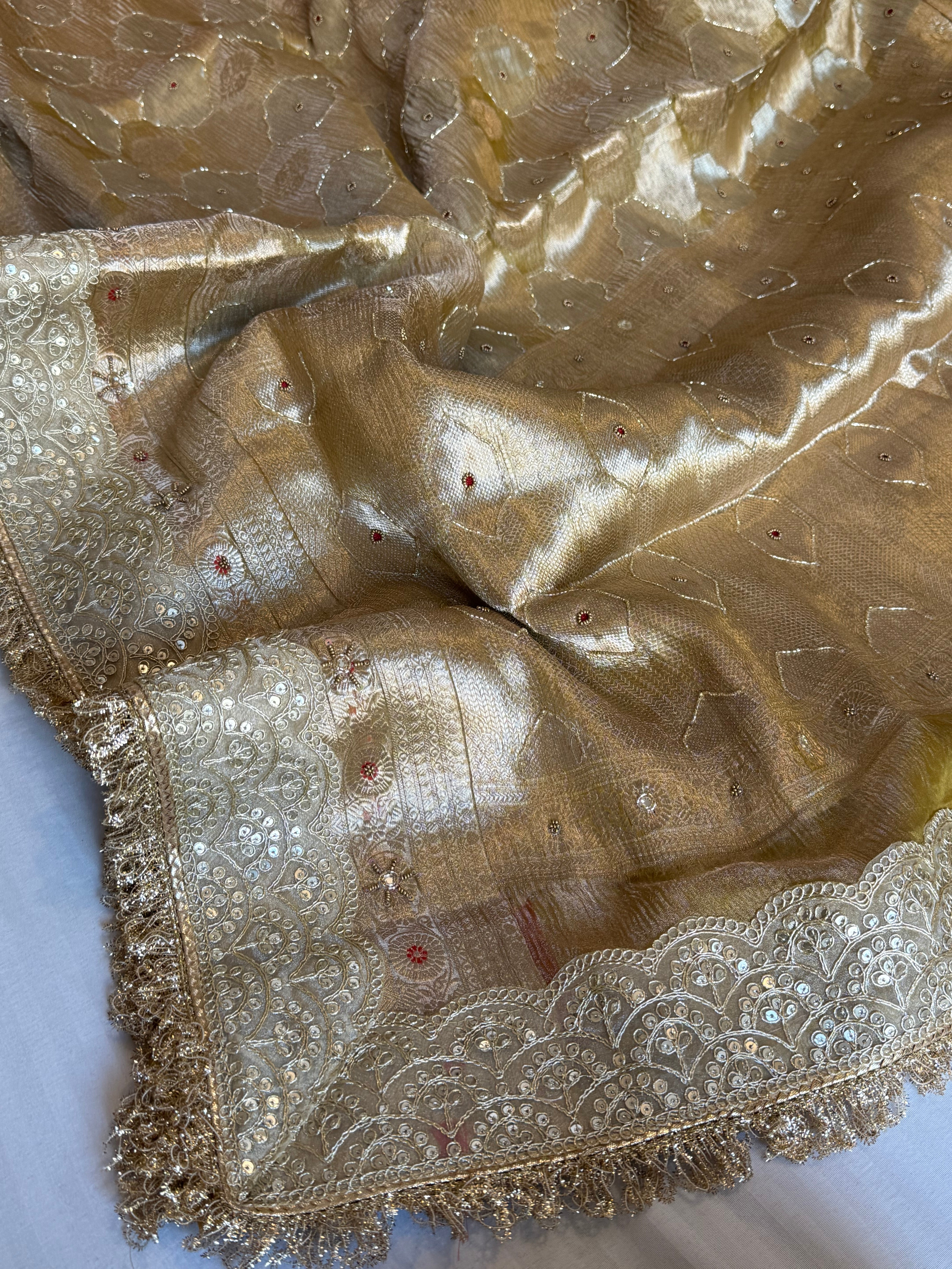 Mughalai jaal crushed tissue silk hand embroidered kadhwa dusty golden saree
