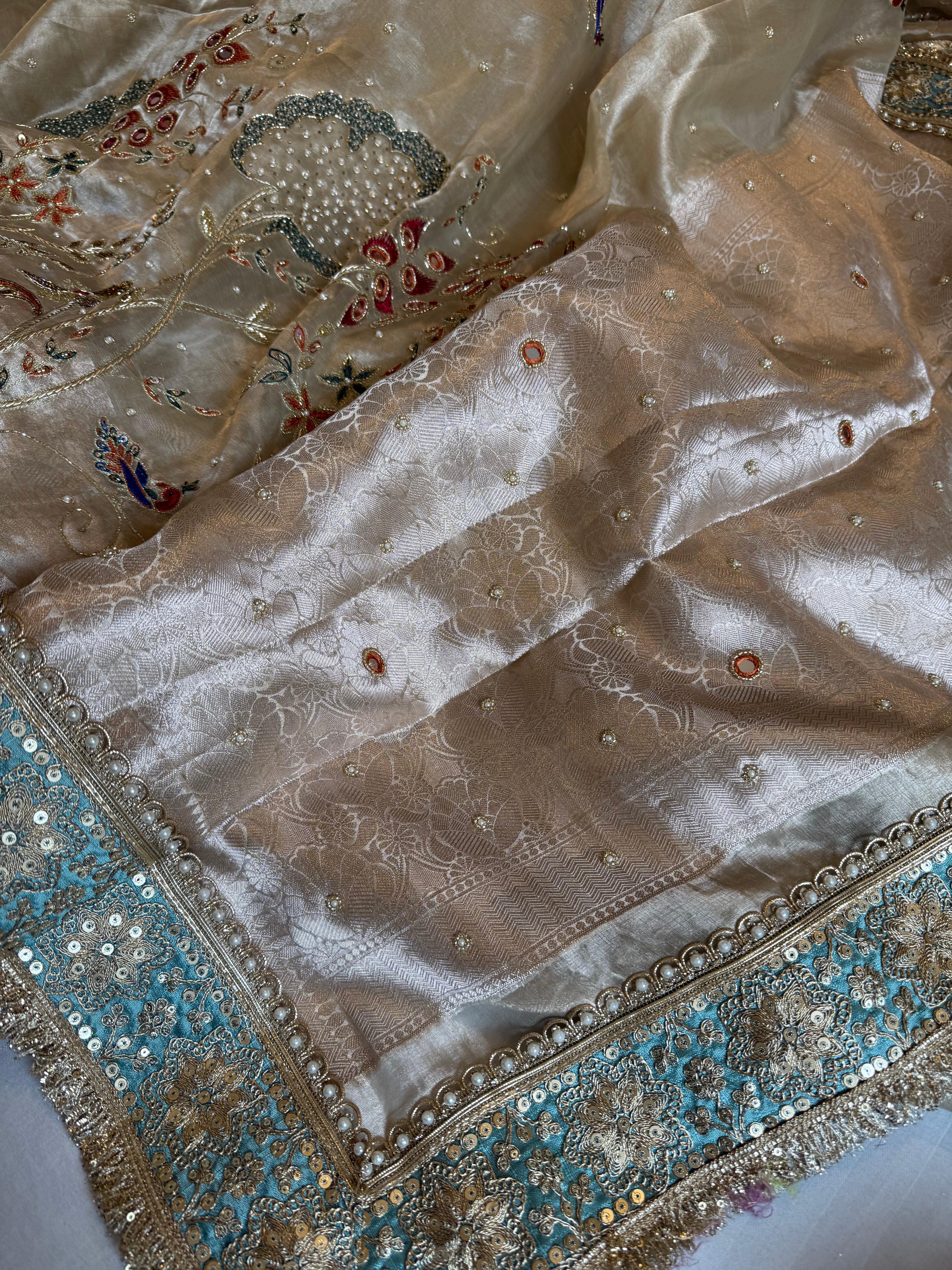 Kutchi inspired “sheesham edit” mirror work and meenakari hand embroidered saree