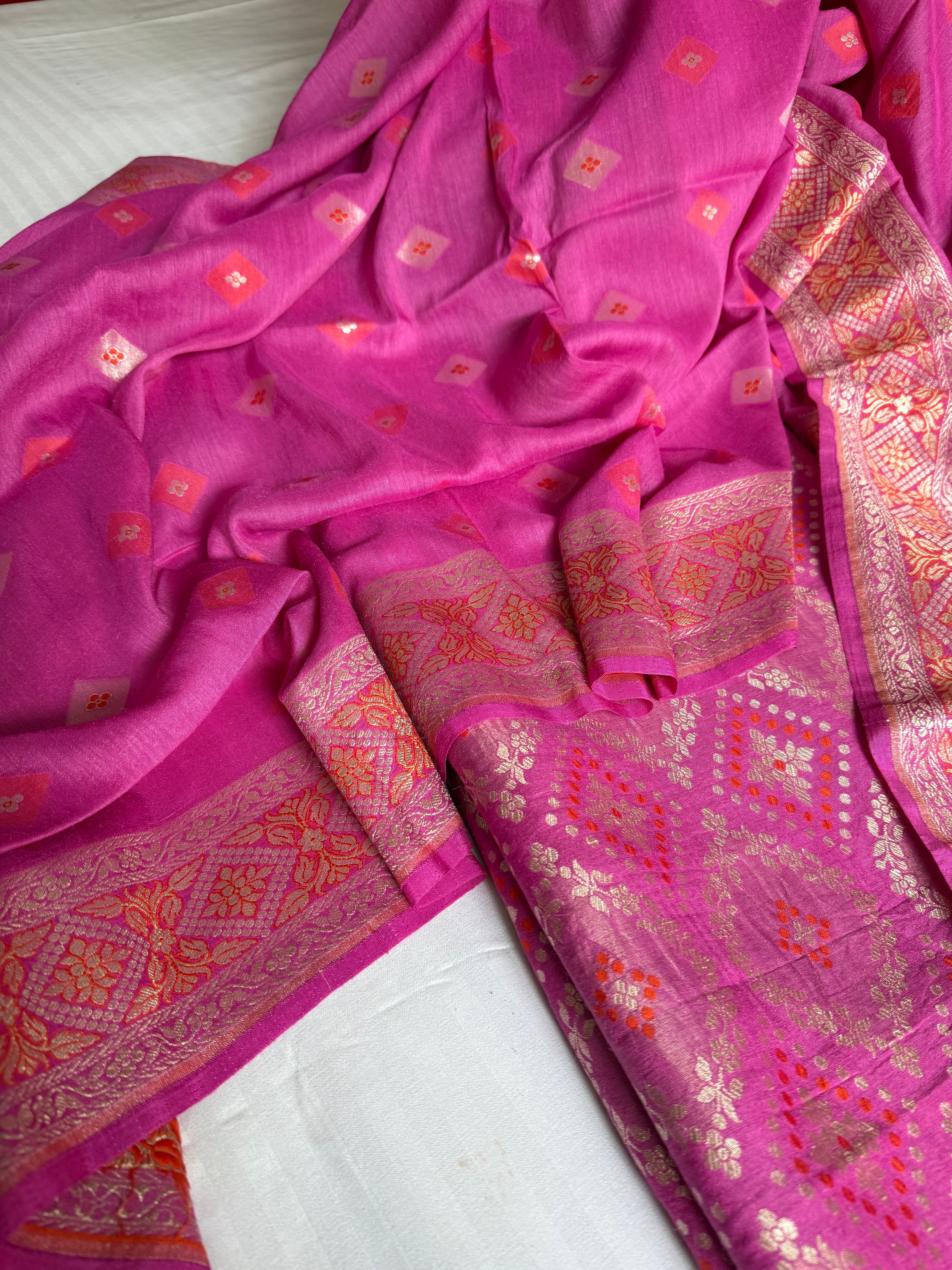 Strawberry pink moonga silk bandhej weaving kadhwa suit set