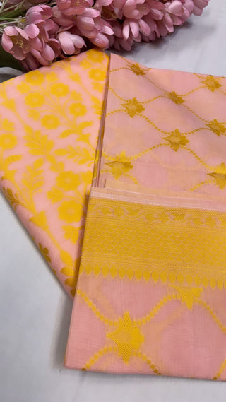 Pure banarasi pink - yellow cotton resham meenedar suit set.