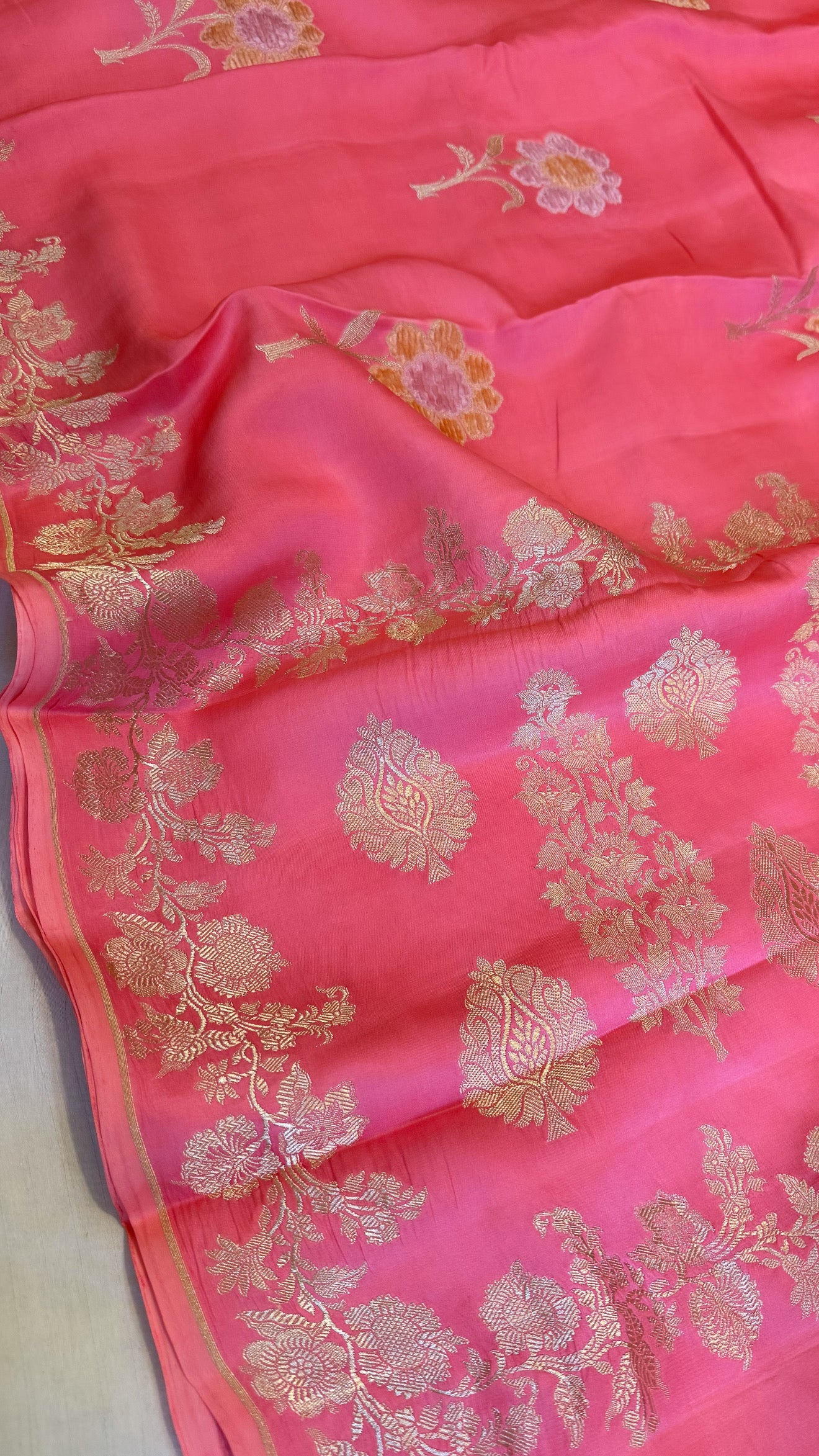 Peachish pink banarasi mashru silk velvet buti kadhwa weaving saree