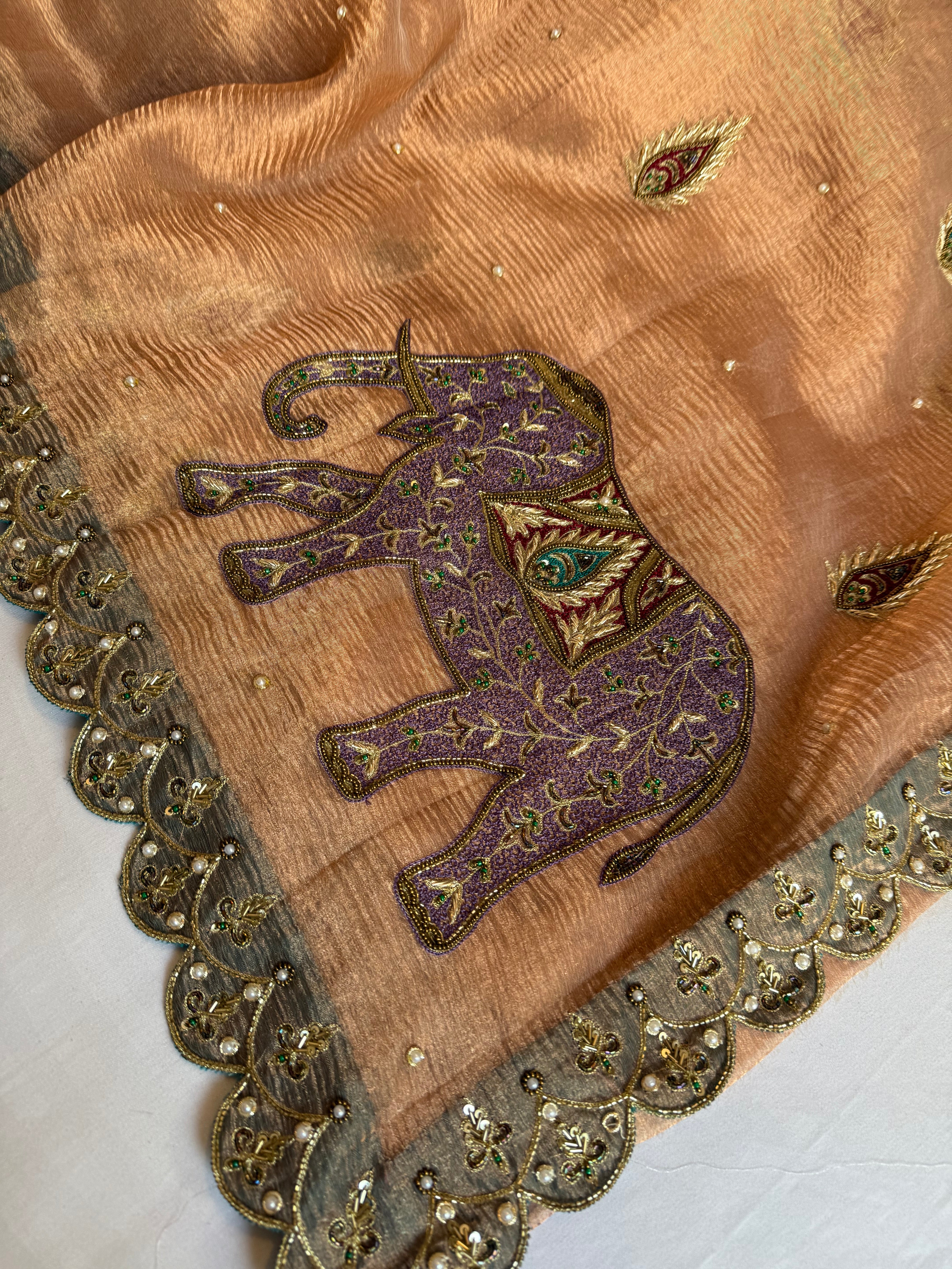 Gajgamini crushed copper tissue silk elephant meenakari motif heavy hand embroidered saree