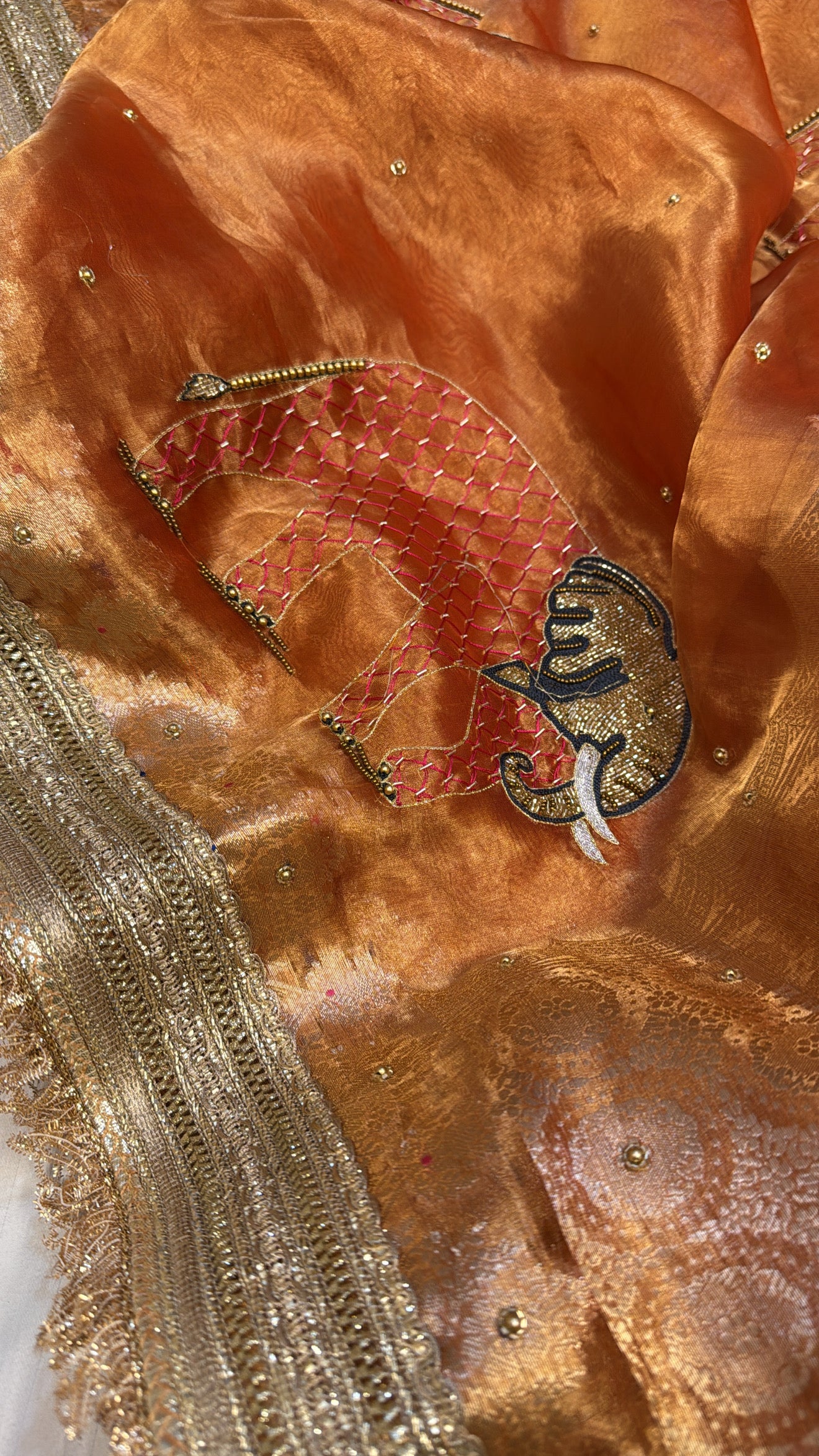 Gajri red elephant meenakari motif tissue silk heavy hand embroidered saree