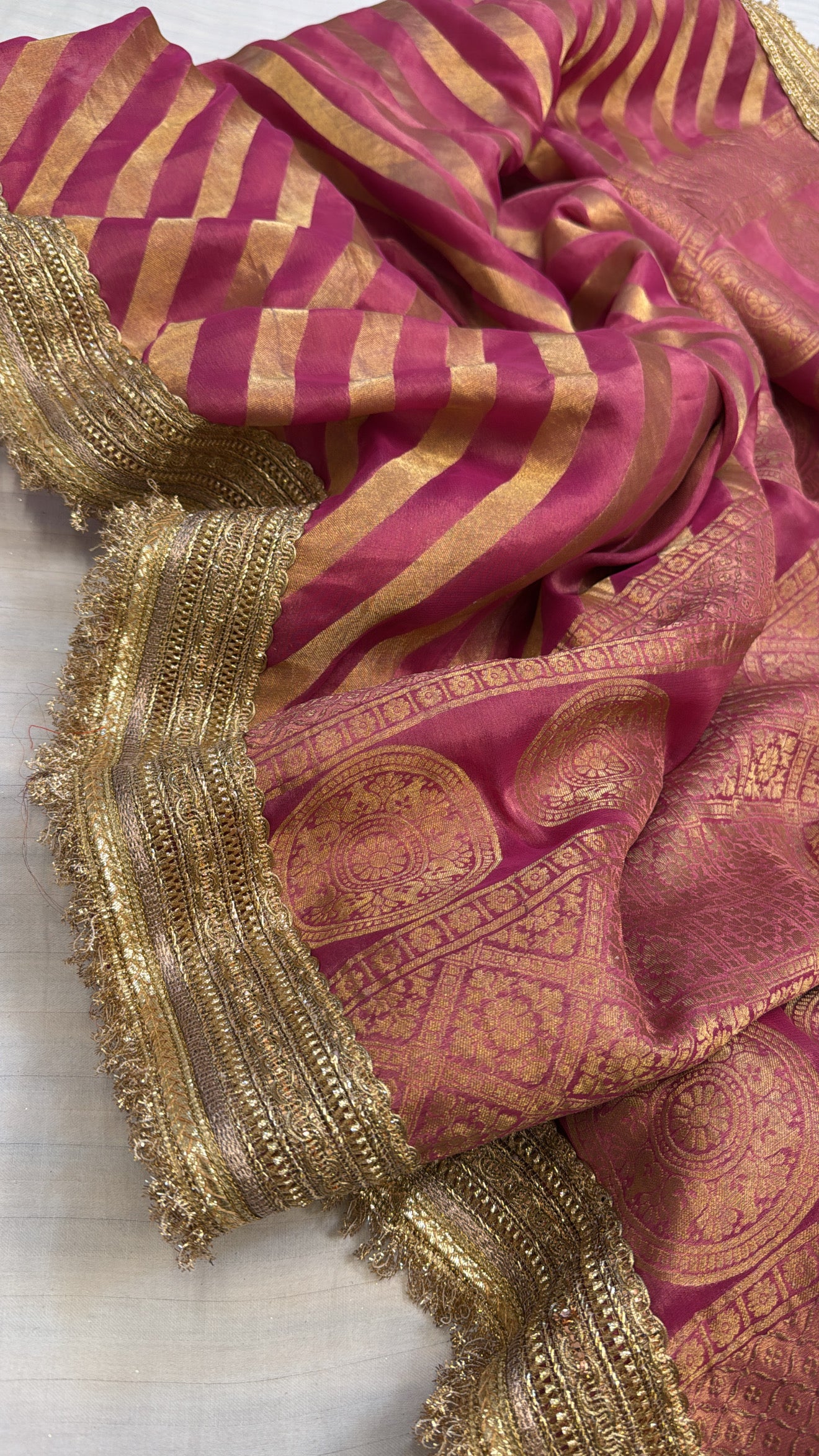 Lotus pink tissue gorgette kadhwa weaving gotapatti saree