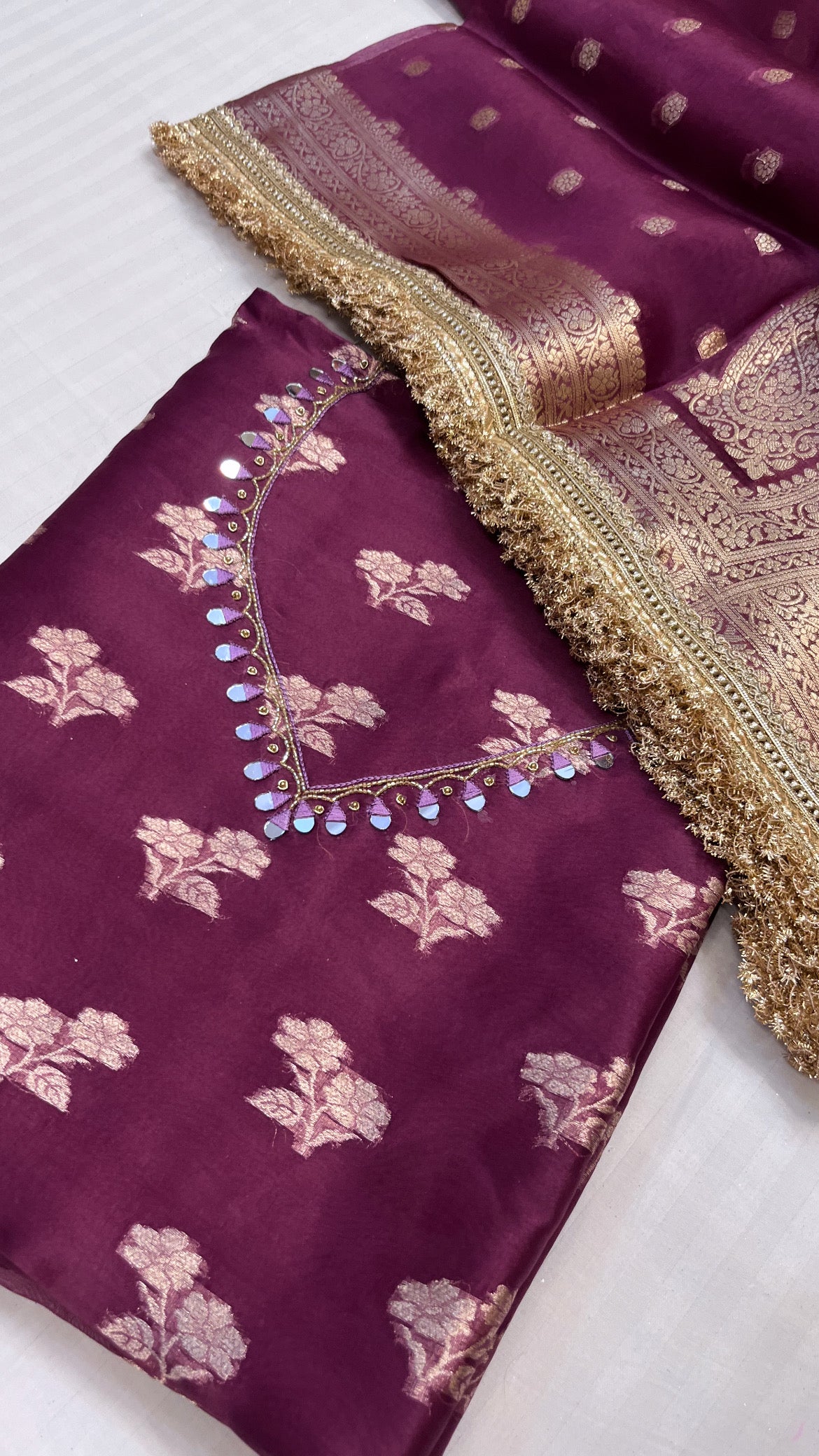 Heeramandi plum kora silk gotapatti hand embroidered suit set