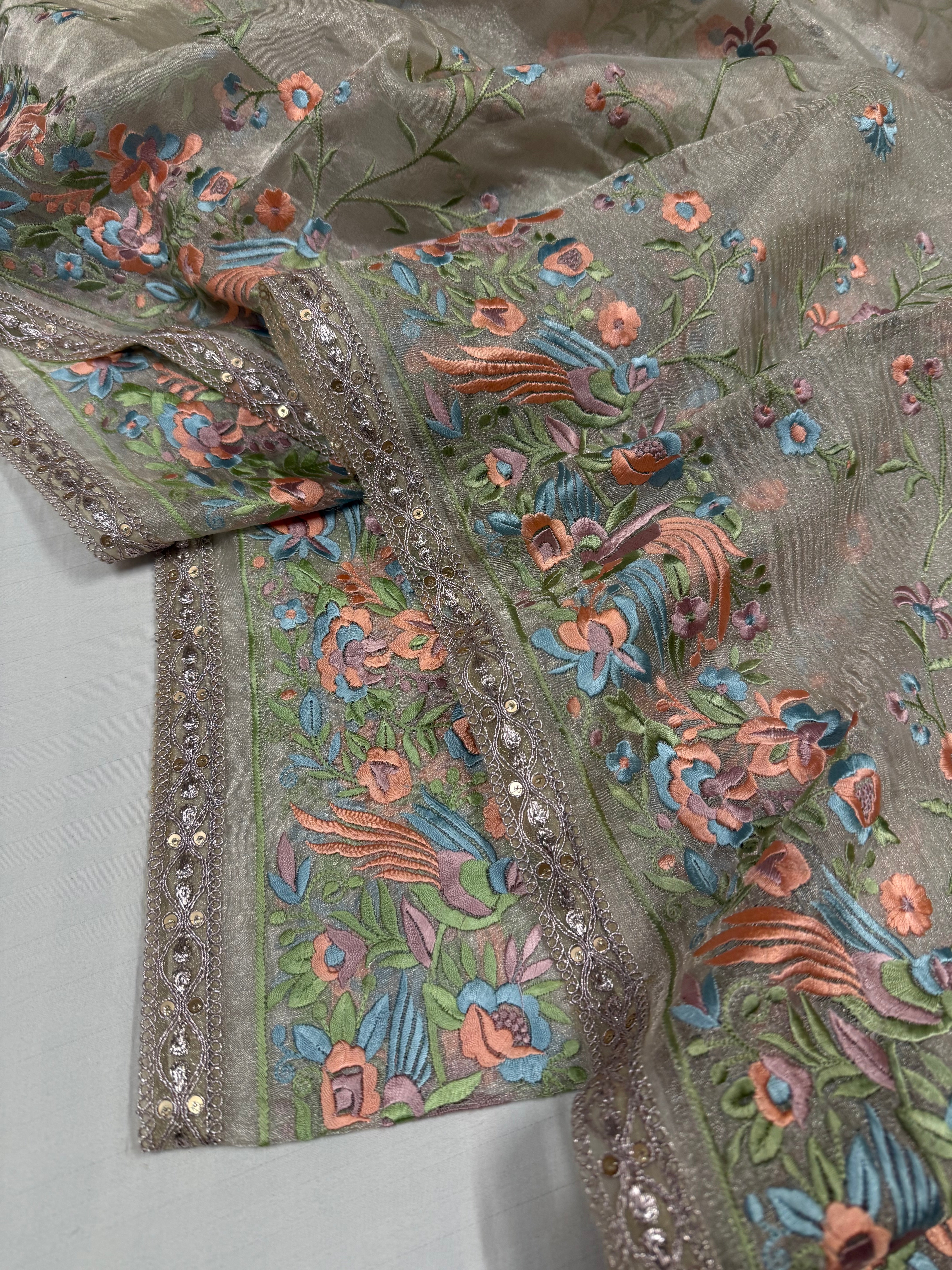 “Parsi gara” inspired tissue silk heavy resham work hand embroidered saree