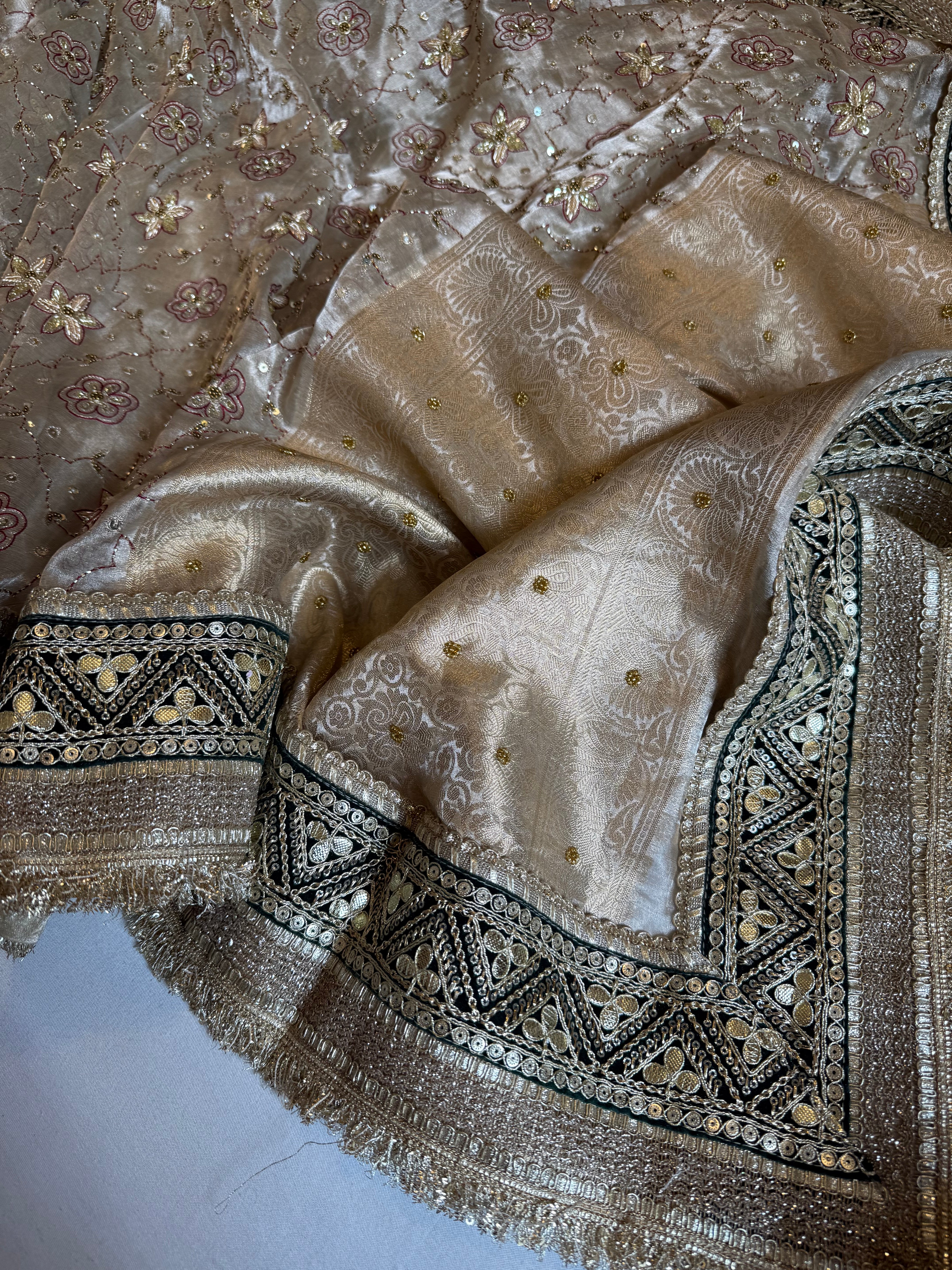 Kutchi inspired tissue silk hand embroidered heavy meenakari gharchola design saree