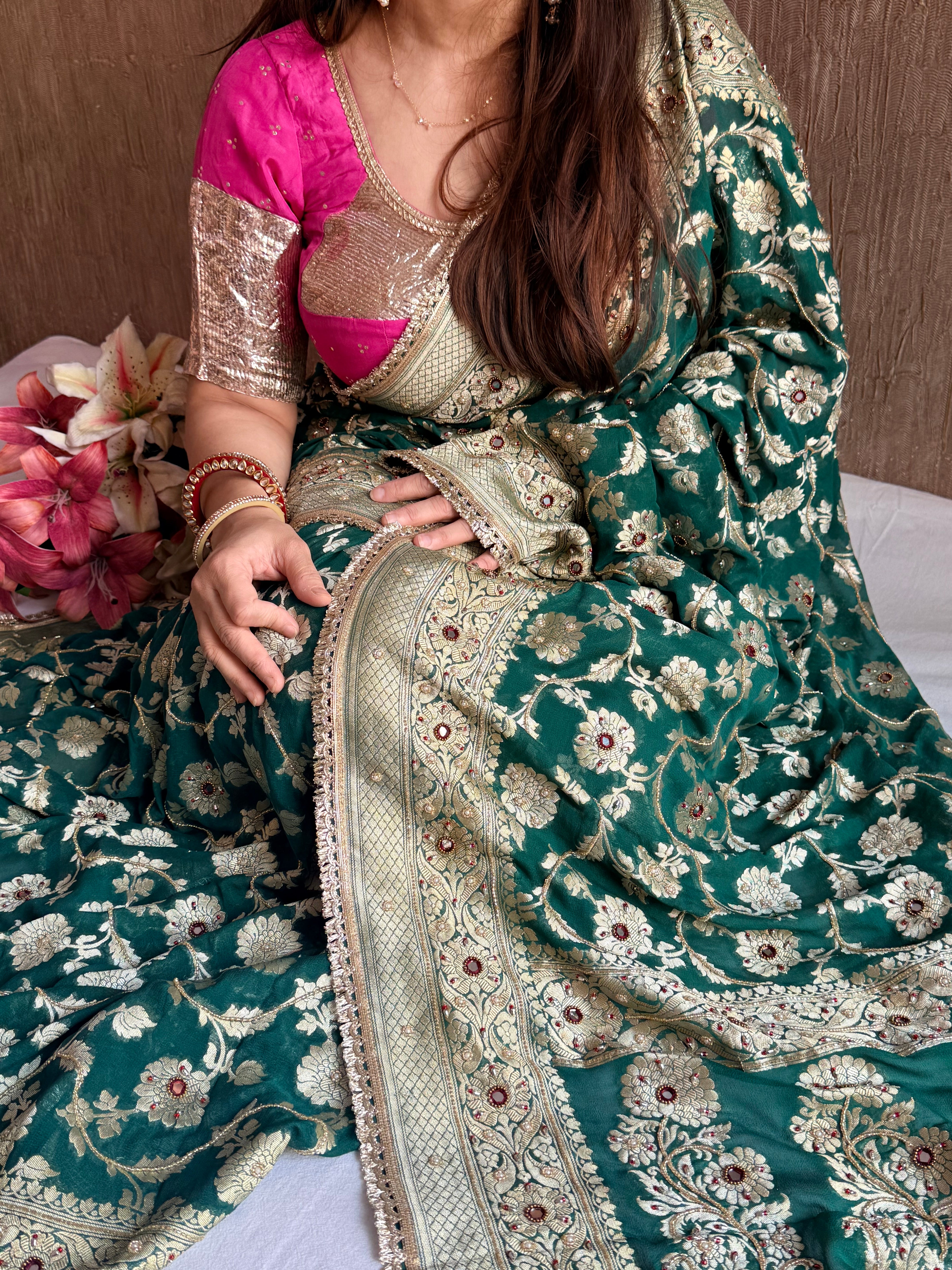 Banarasi chiffon gorgette kadhwa jaal weaving hand embroidered saree