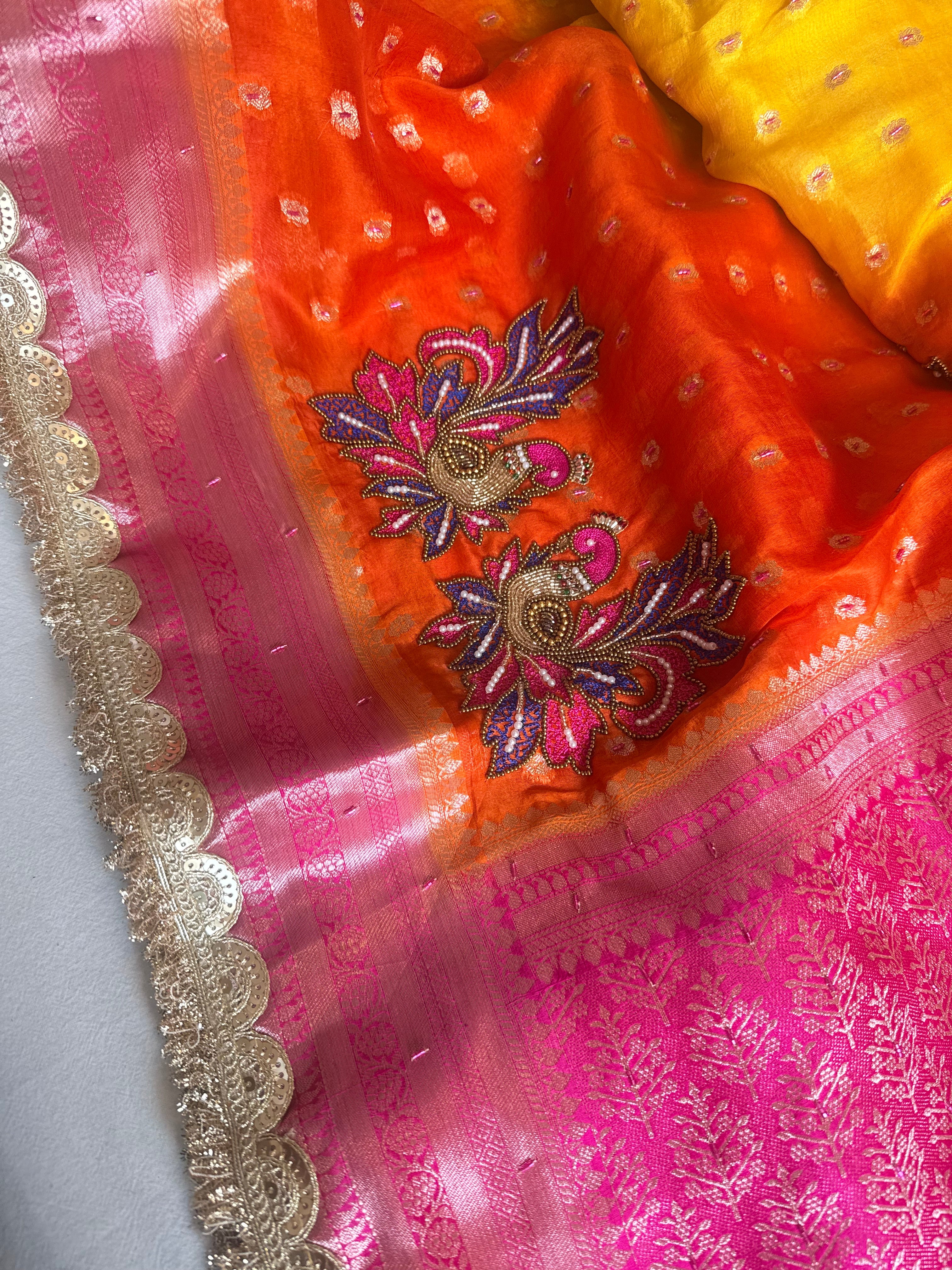 Ombre shaded kora silk kadhwa buti peacock motif hand embroidered saree