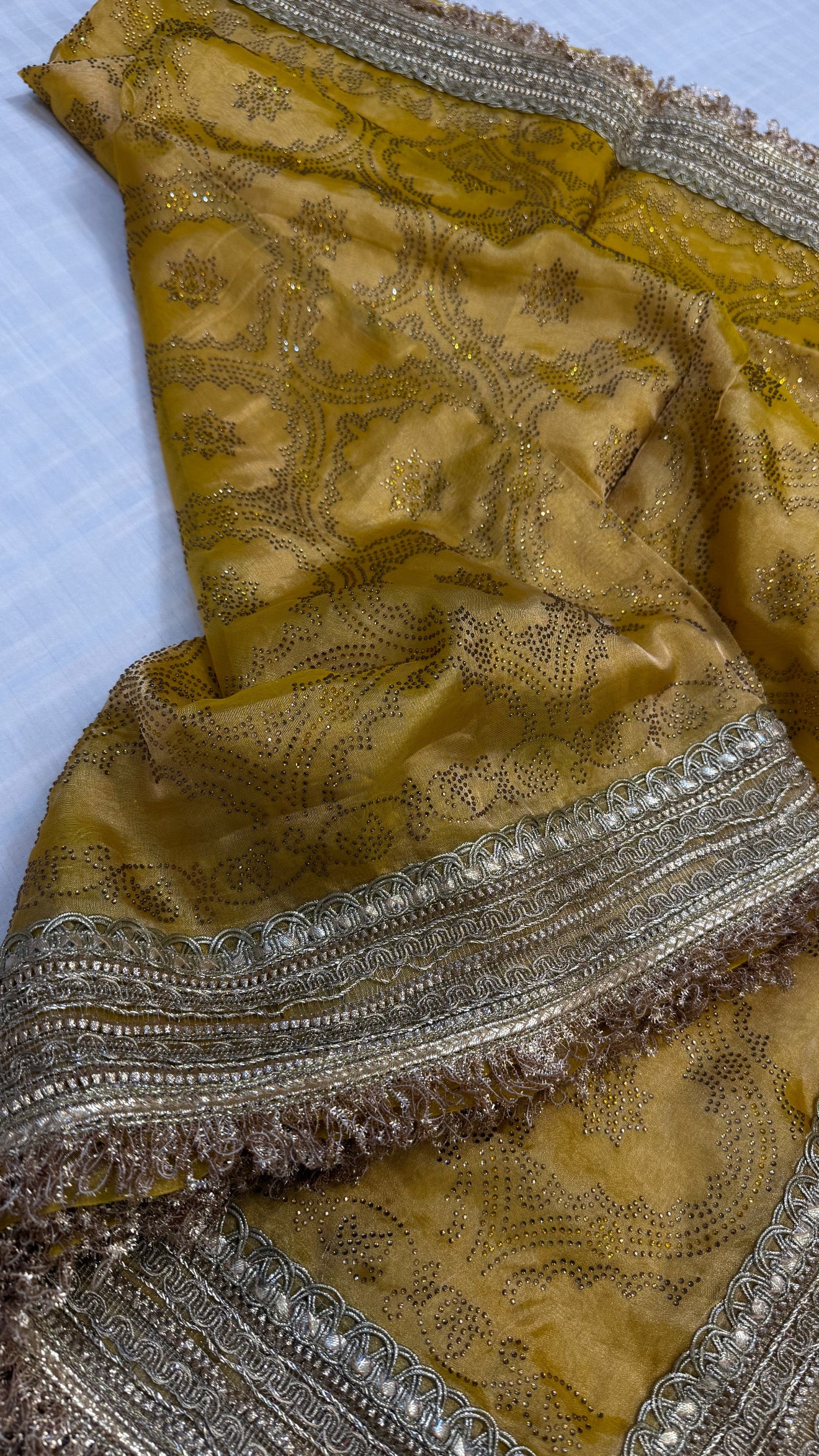 Sitara stonework haldi yellow tissue silk gotapatti saree