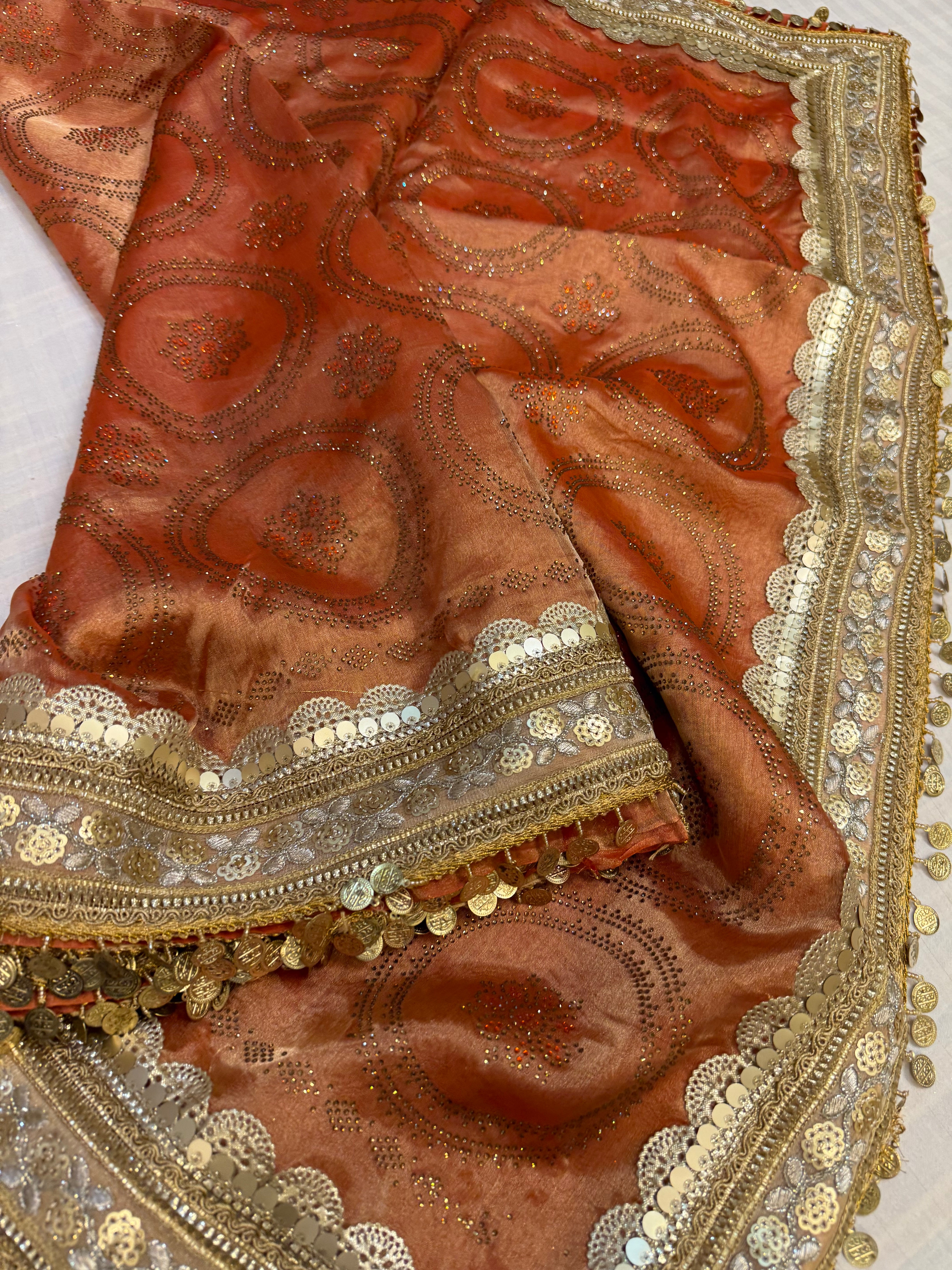 Sitara stonework tangerine orange tissue silk gotapatti saree
