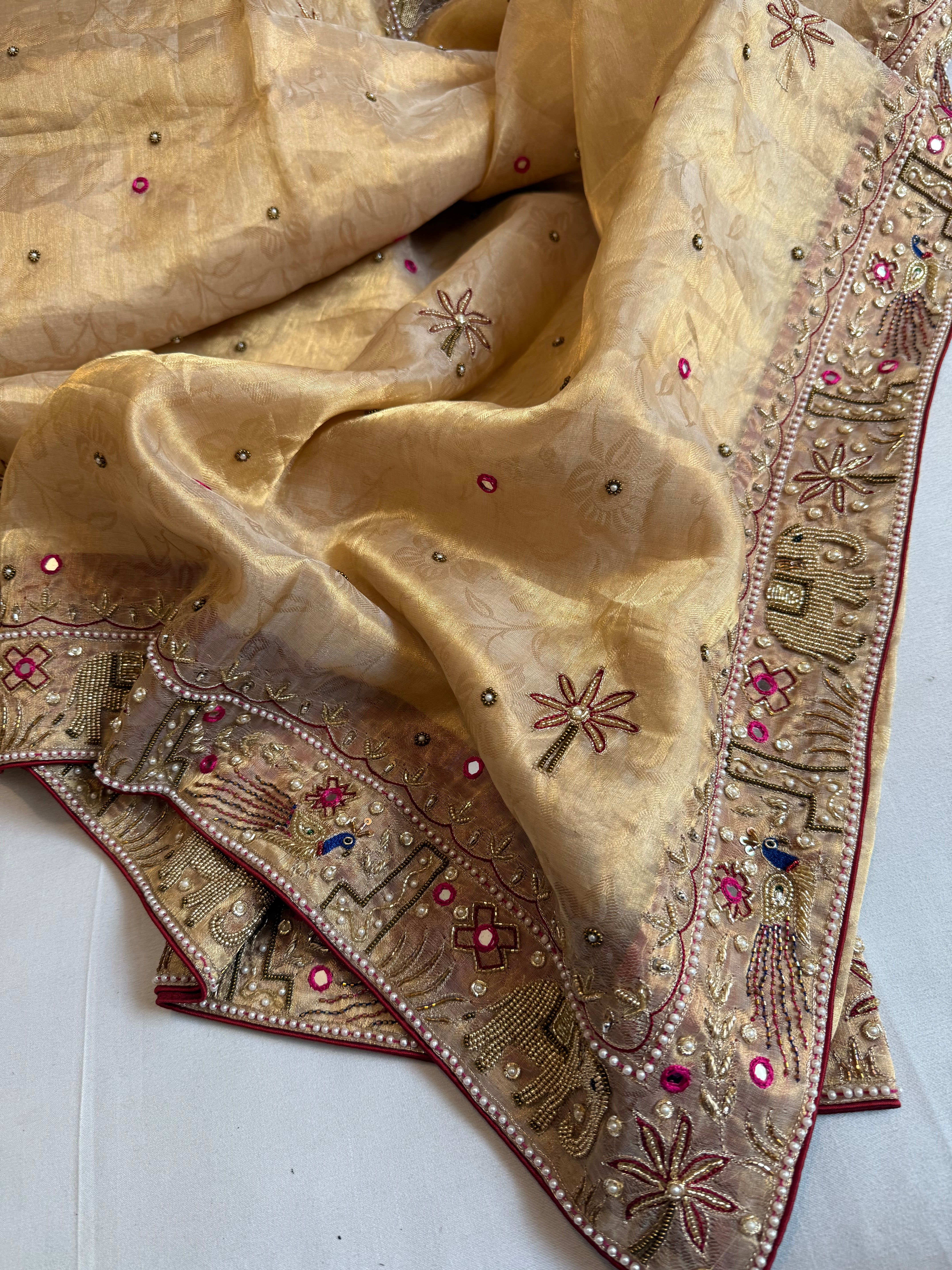 Sheeshmahal shikargah edit - Golden tissue silk hand embroidered elephant motif border kadhwa saree