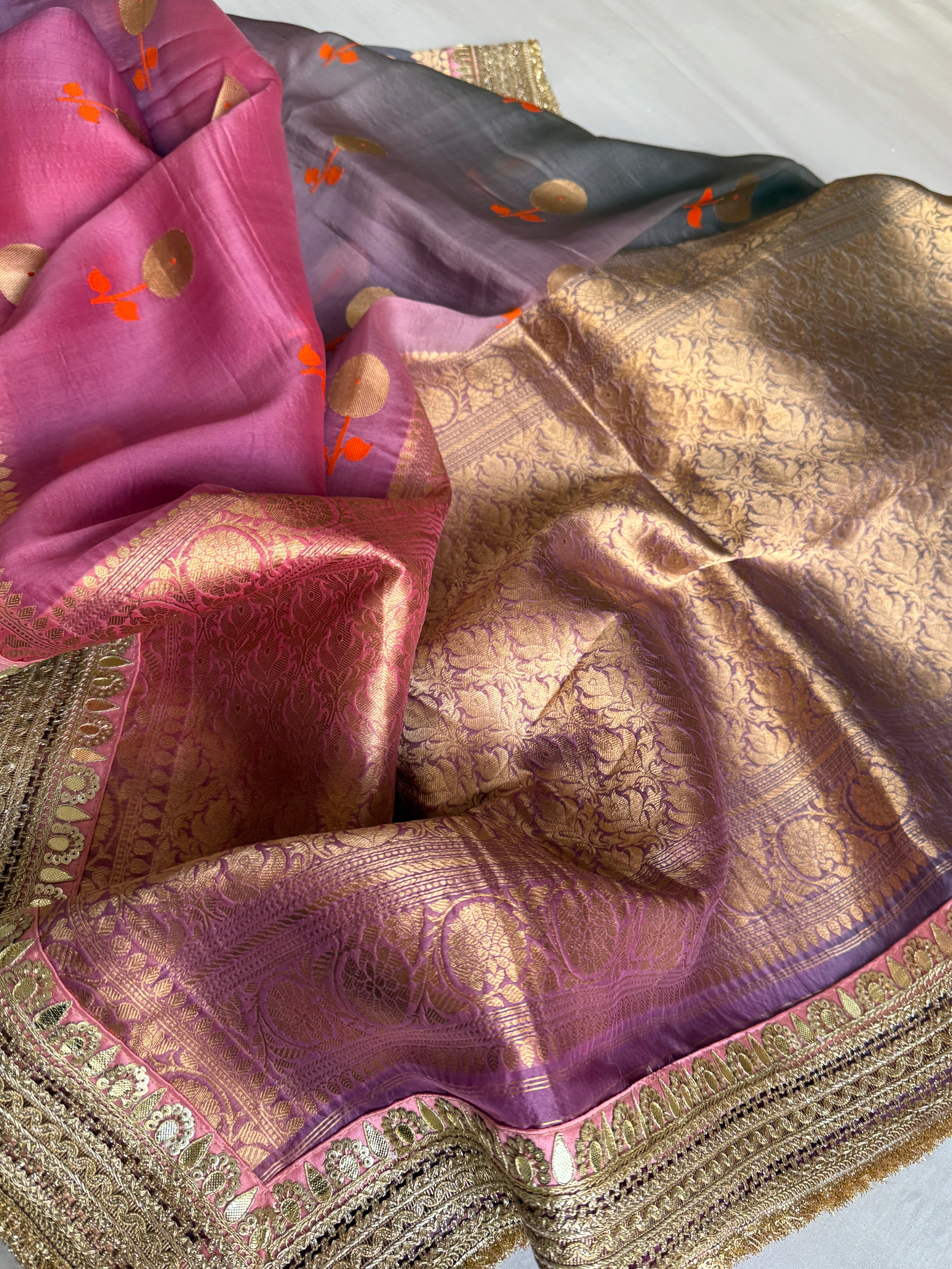 Rang-birangi banarasi kora silk multicoloured shaded kadhwa saree