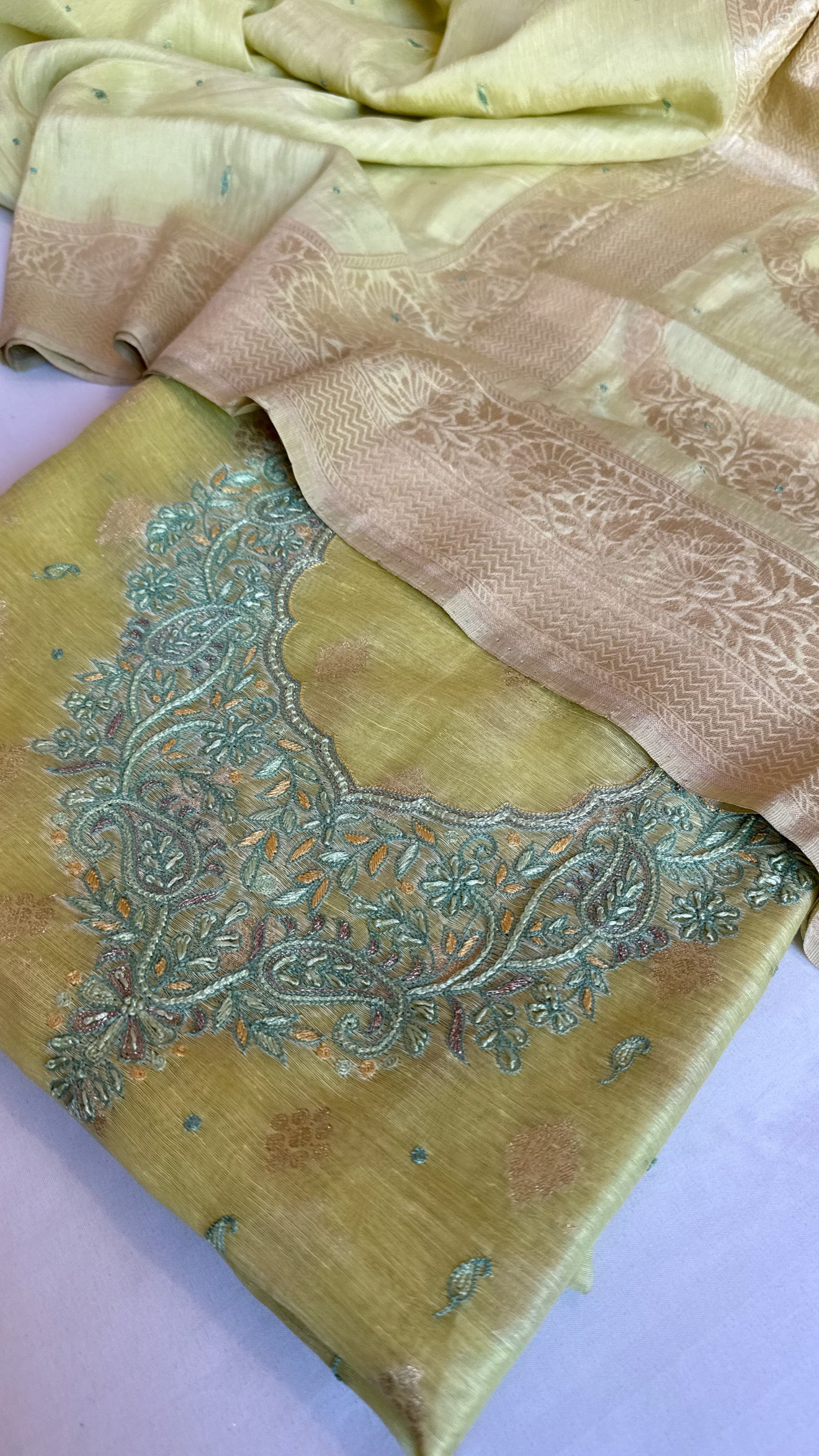 Lime green resham thread hand embroidered linen gorgette suit set