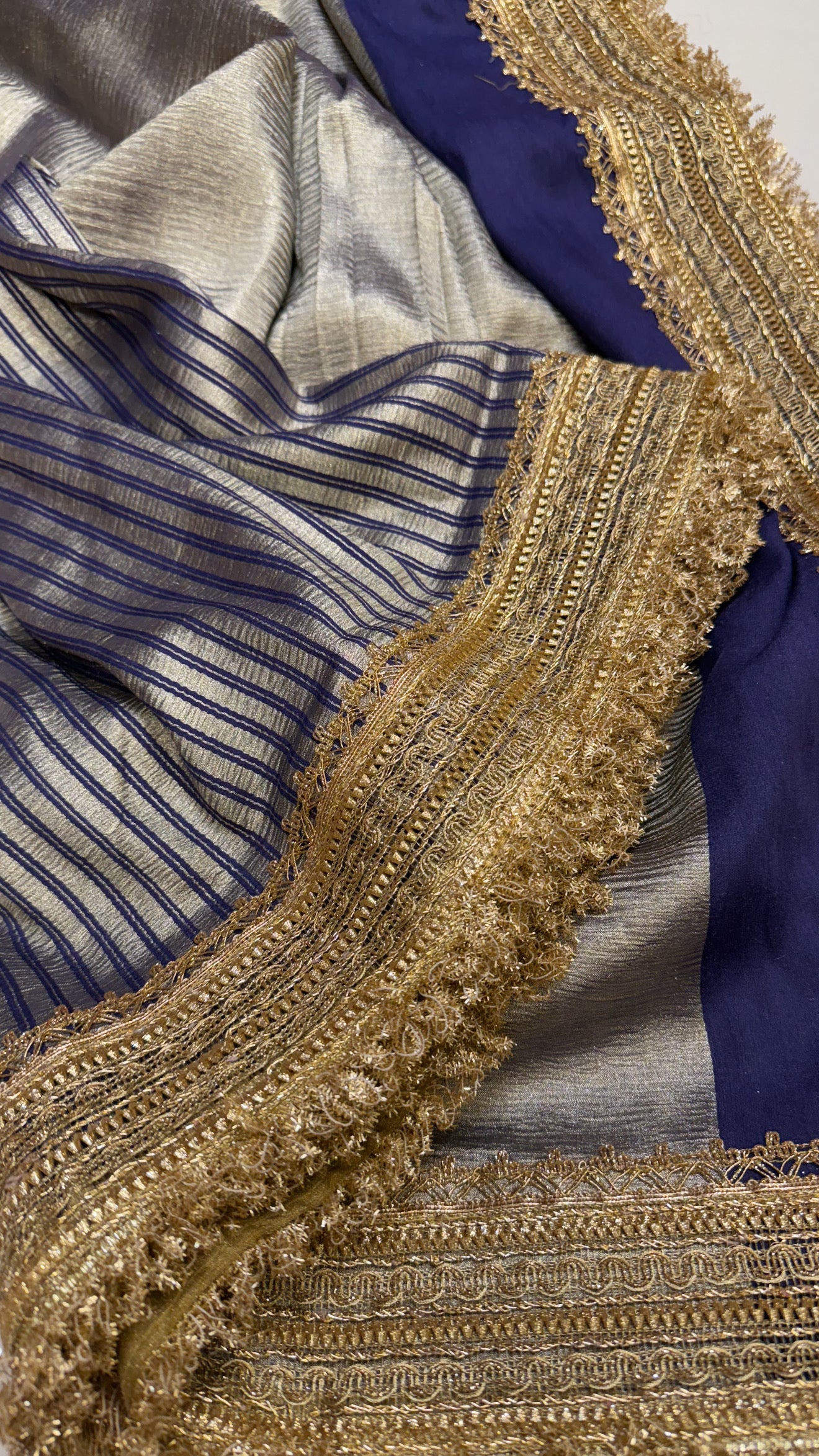 Moonga crushed tissue silk navy blue saree