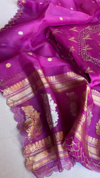 Banarasi purple kora silk hand embroidered kadhwa suit set