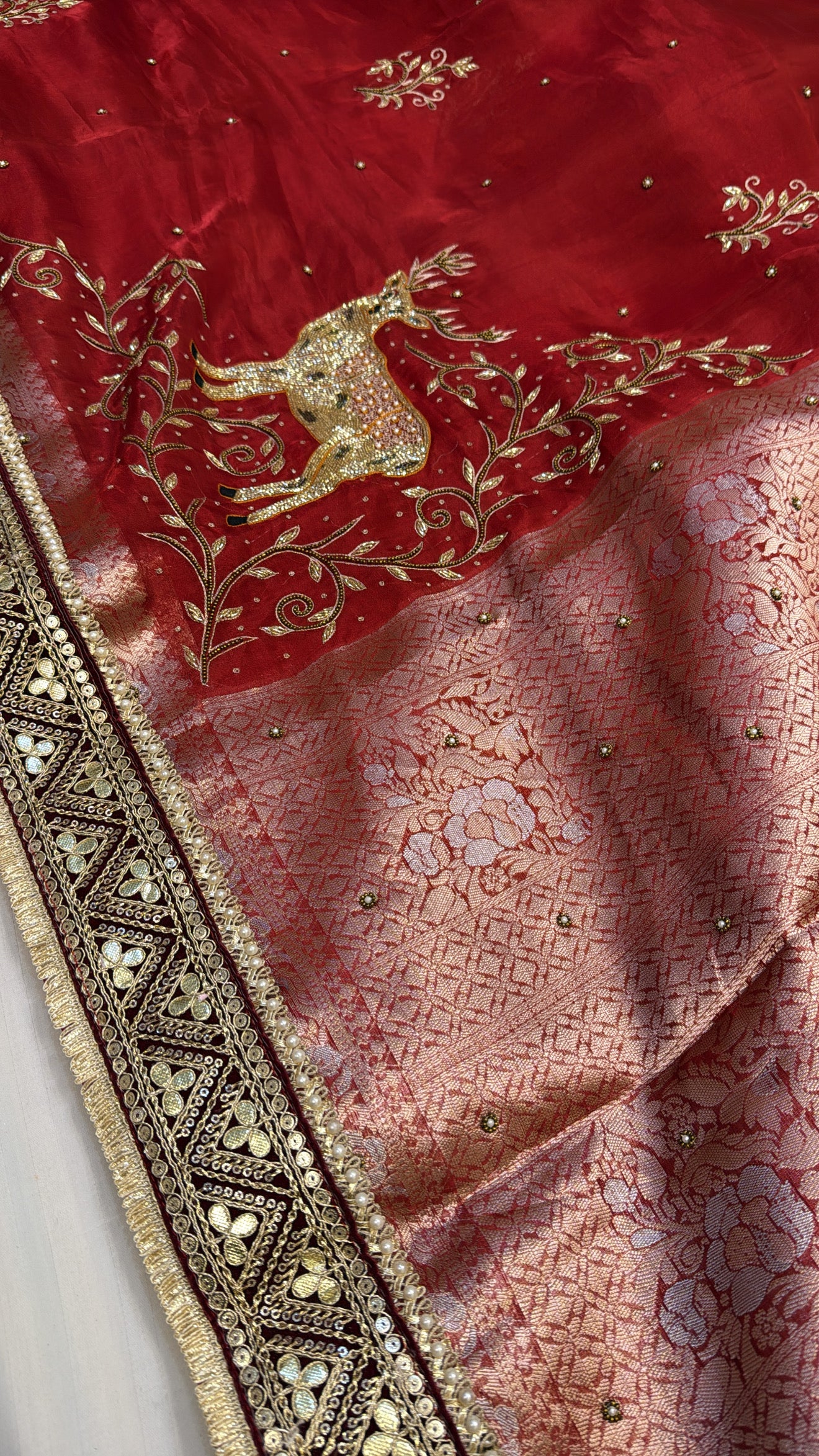 Red special - Husn chilly red deer motif tissue silk hand embroidered kadhwa saree