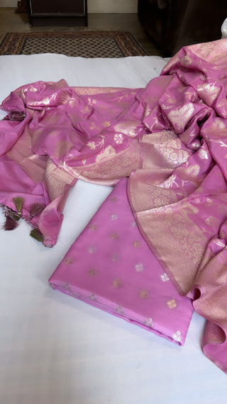 Baby pink moonga silk kadhwa jaal suit set