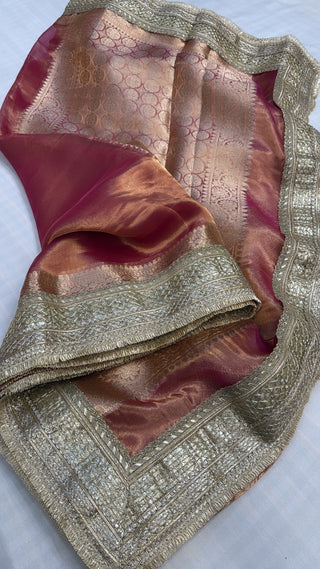 Maharani cherry pink tissue silk kadhwa gotapatti saree