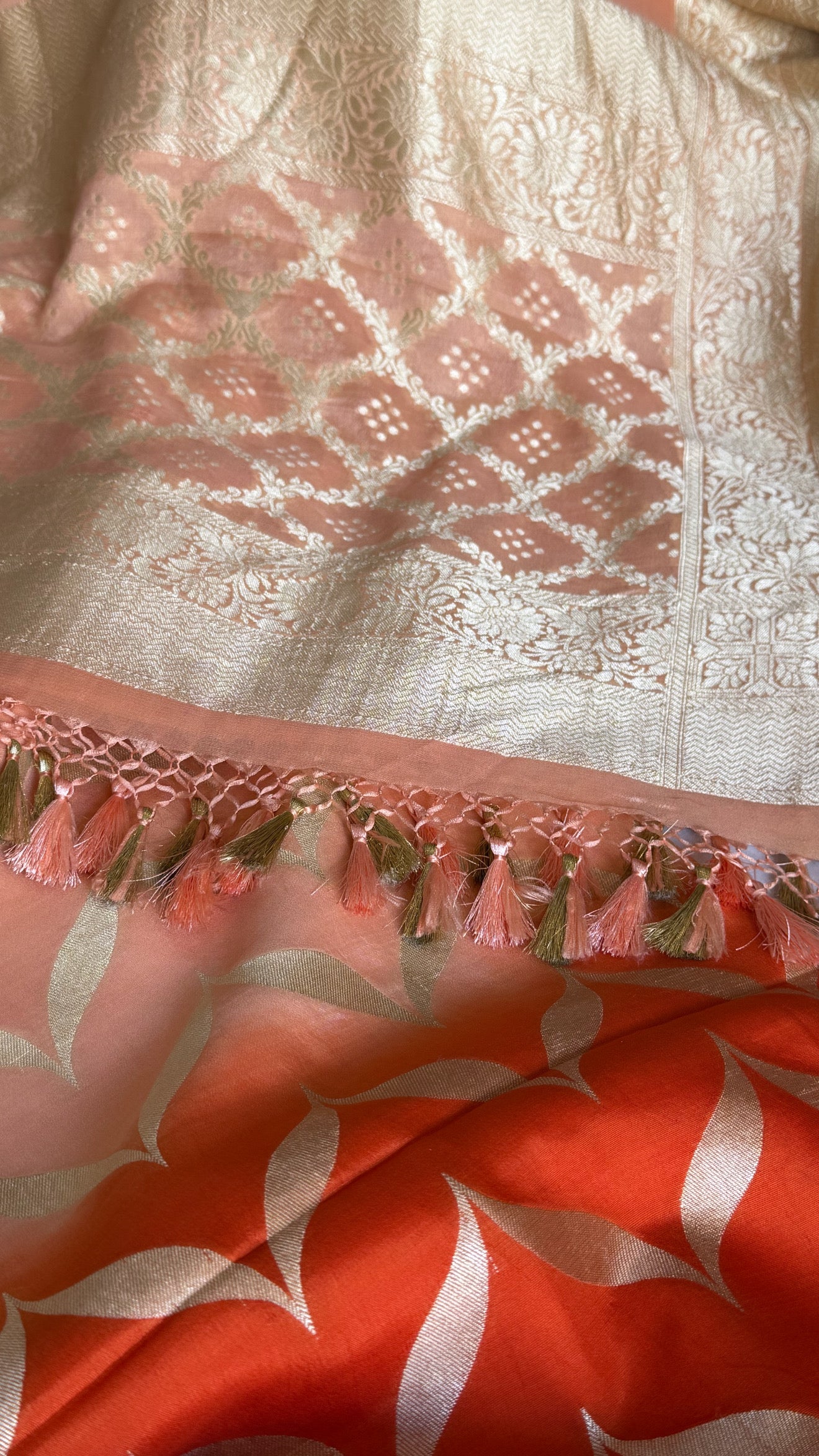 Fanta orange ombre shaded kadhwa chiniya silk kurta paired with chiffon gorgette duppata