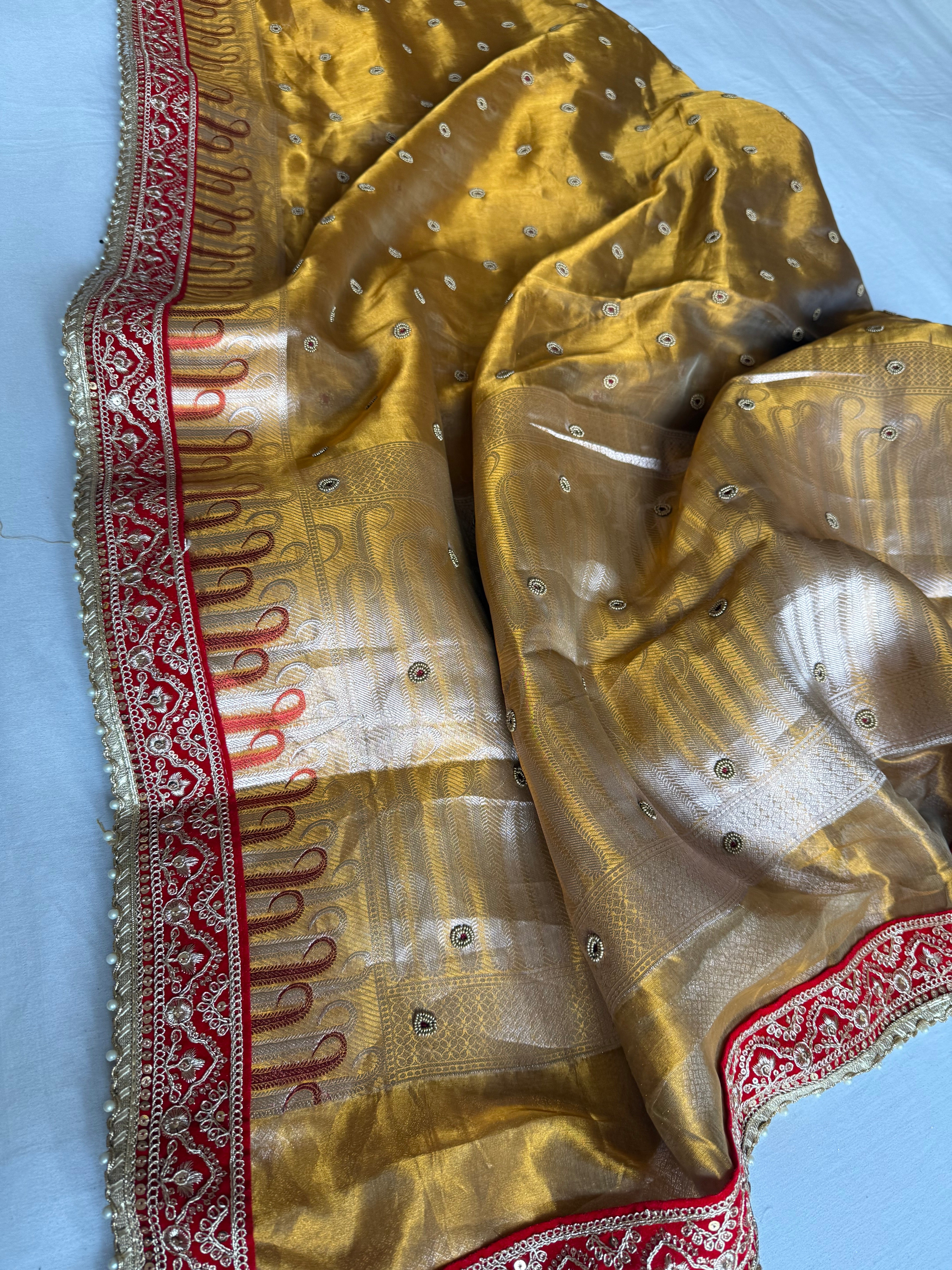 Kanjivaram gold tissue silk red meenakari hand embroidered kadhwa saree