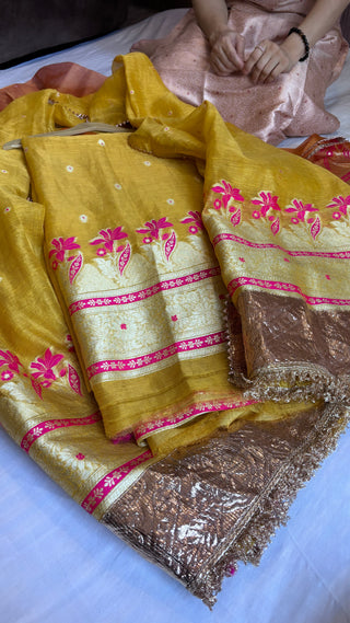 Haldi yellow linen tissue silk suit set