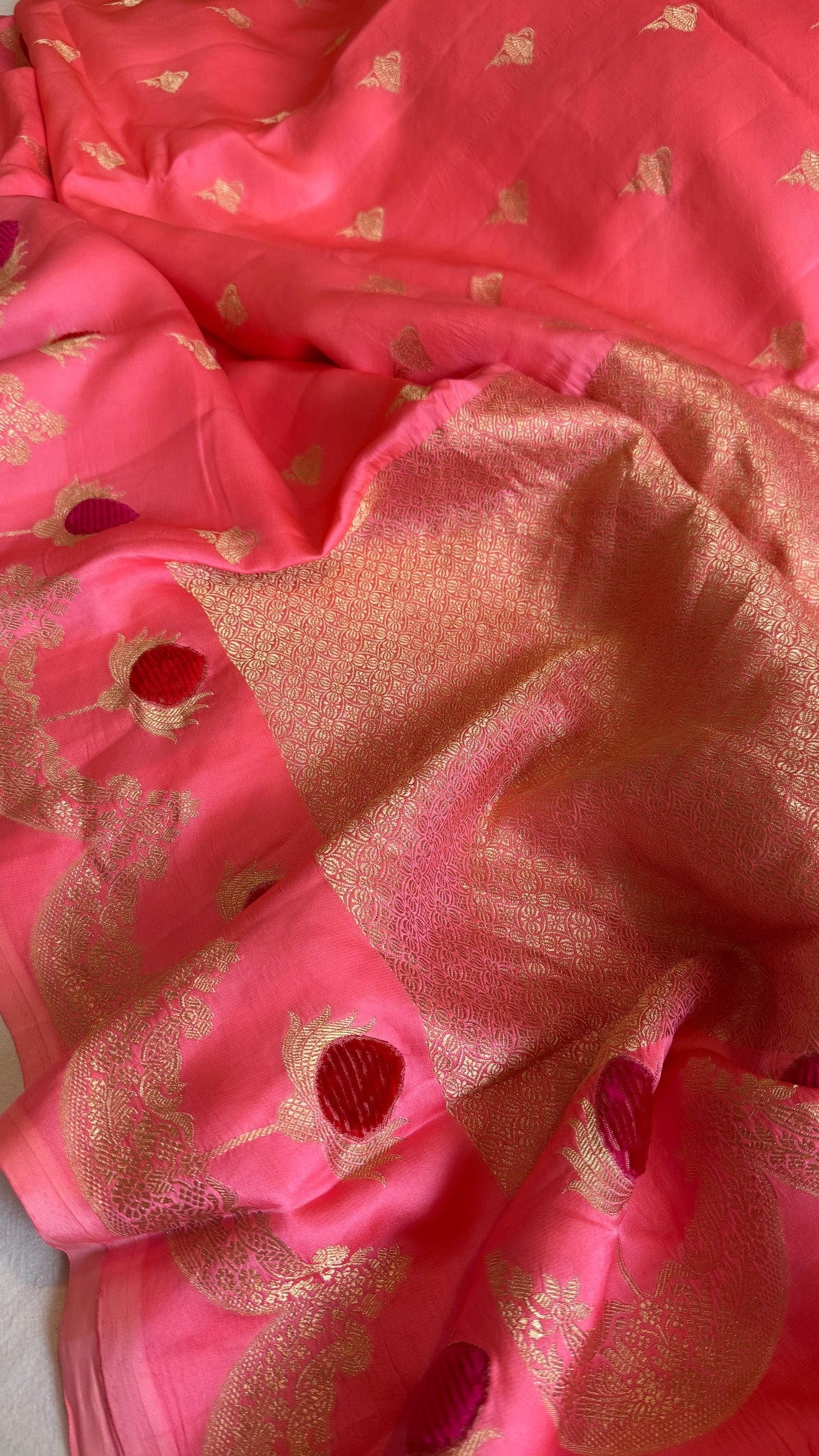 Banarasi peachy pink mashru silk heavy weaving kadhwa velvet hand embroidered saree