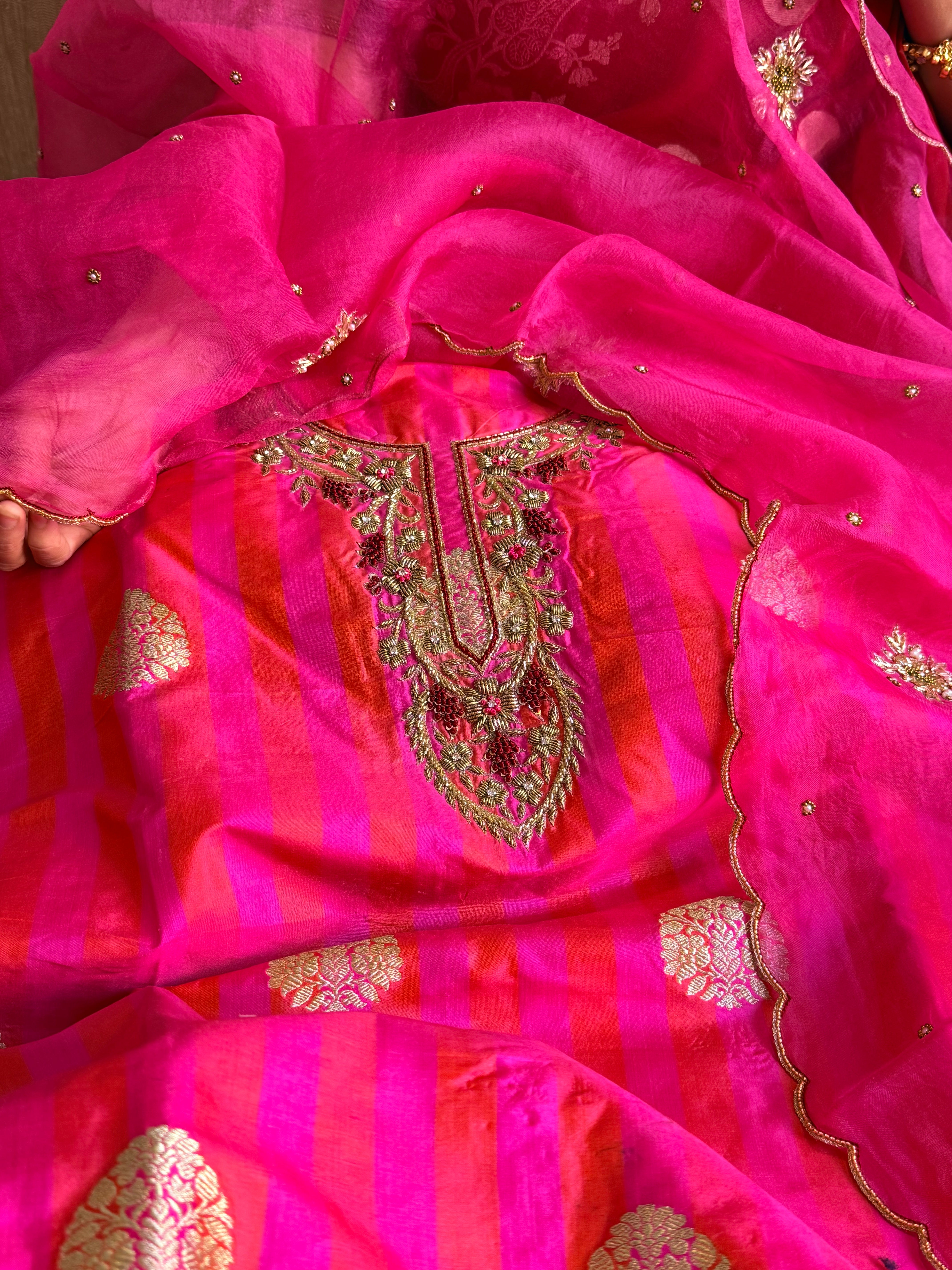 Katan silk kadhwa hand embroidered dhup chao effect suit set