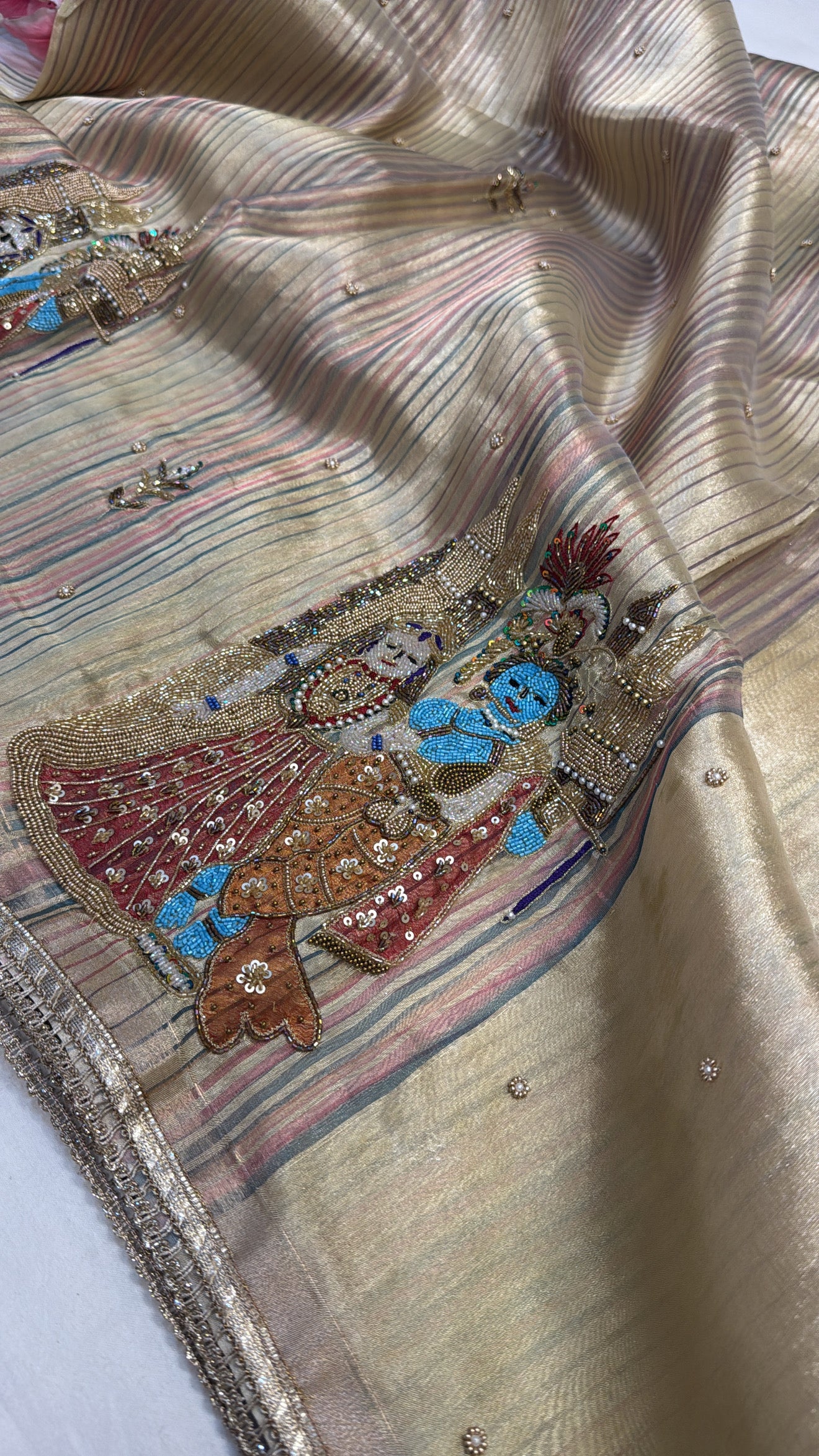 Rasleela tissue silk striped husn hand embroidered kadhwa saree