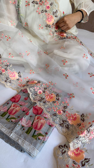 Printed moonga silk resham hand embroidered kadhwa meenakari suit set