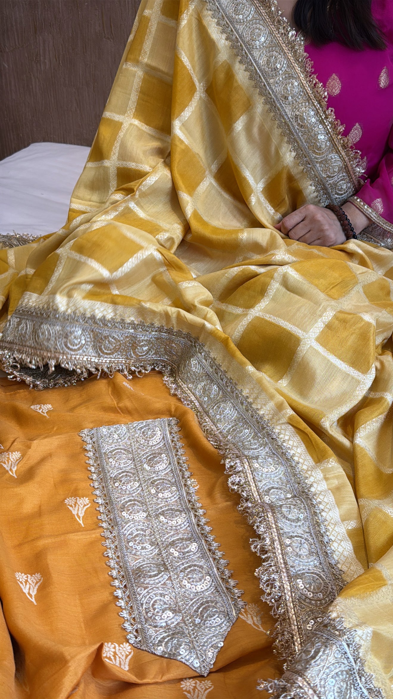 Mango yellow rangkat dye chaukadi weaving silk suit set