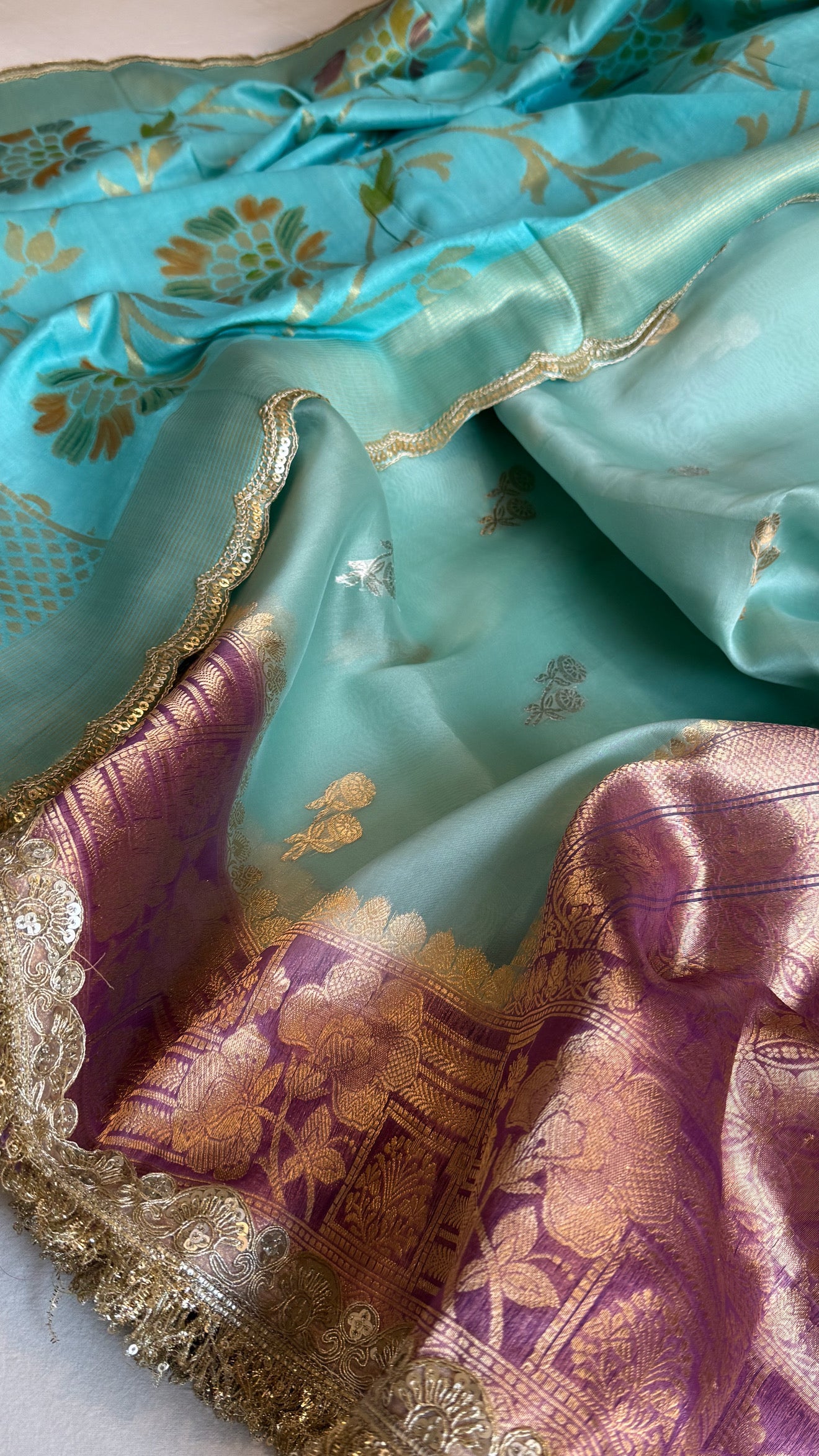 Kora silk chap dye contrast border kadhwa saree paired with moonga silk duppata sets