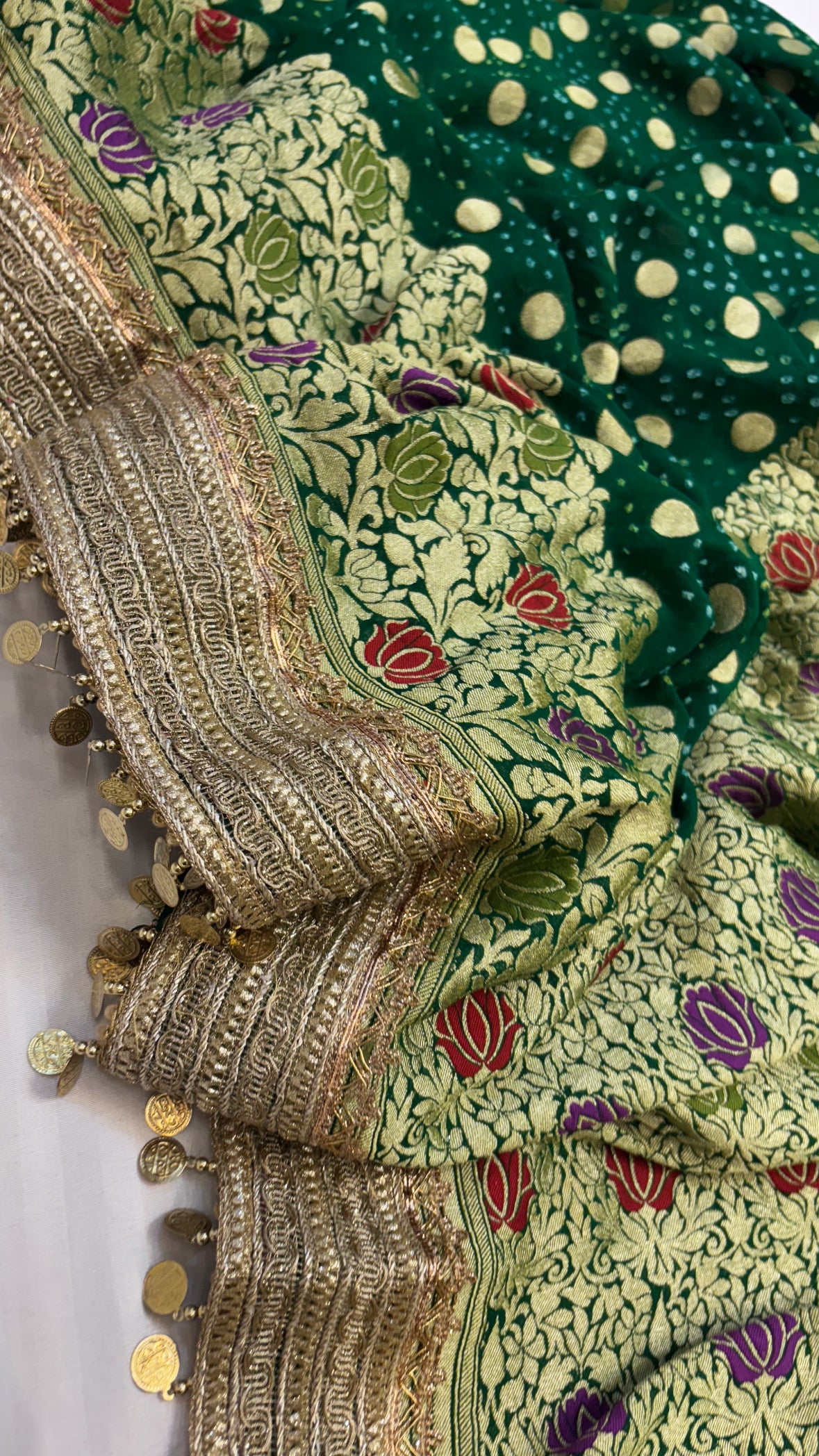 Heer mehendi green bandhej gorgette gotapatti kadhwa saree
