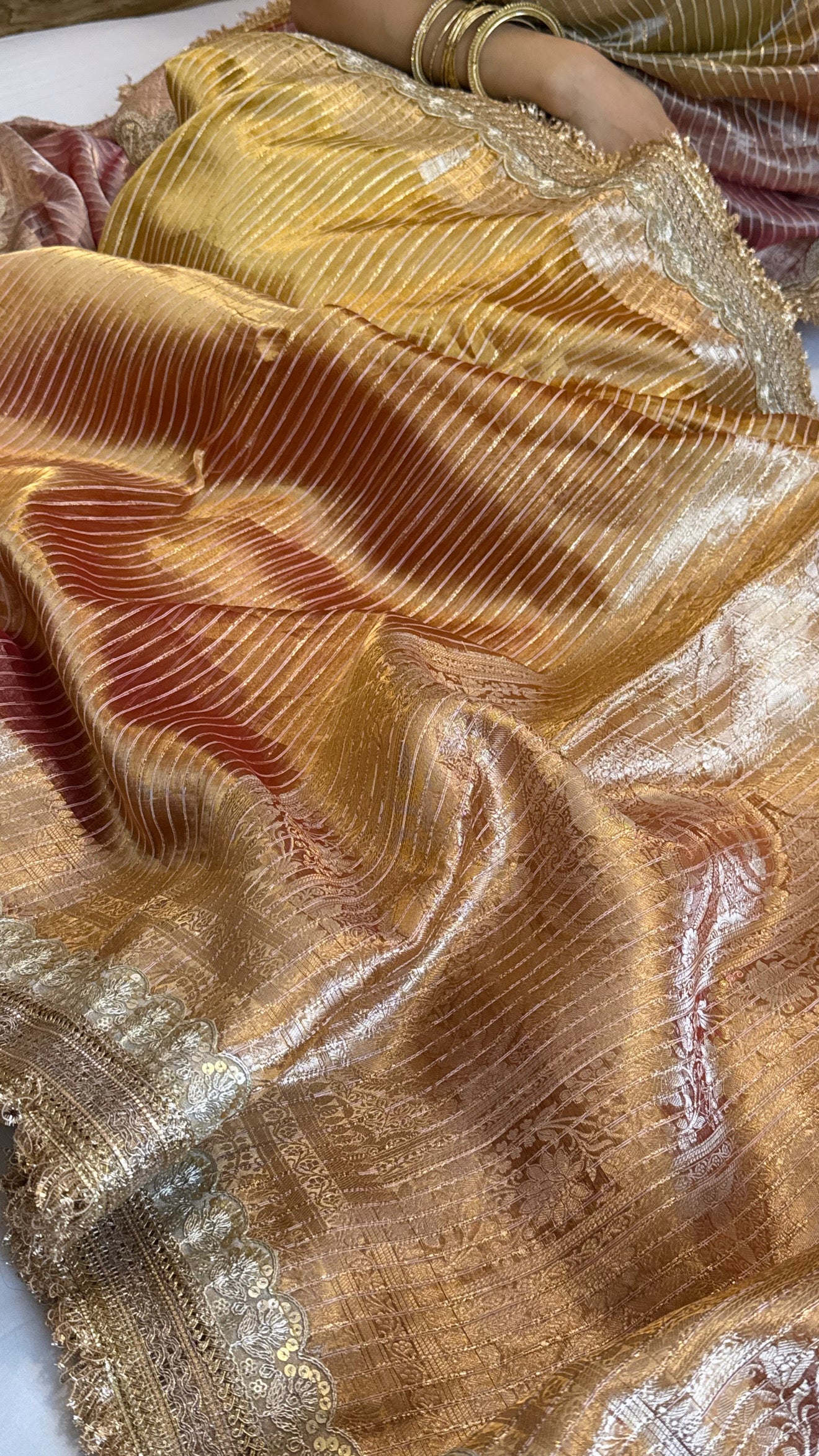 Maharani rang birangi tissue silk zari striped kadhwa saree