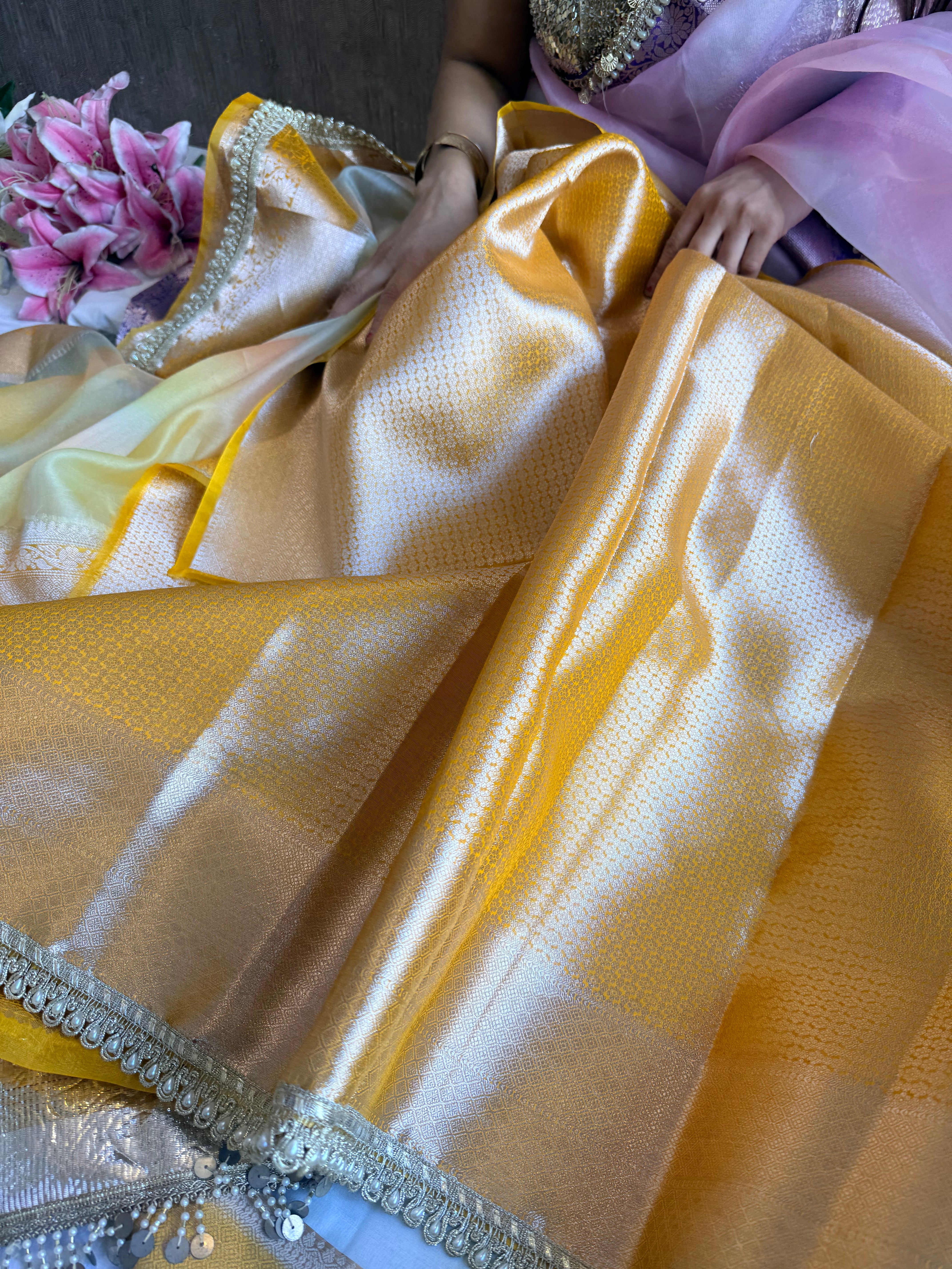 Banarasi kora silk rainbow dyed kadhwa saree with gotapatti work