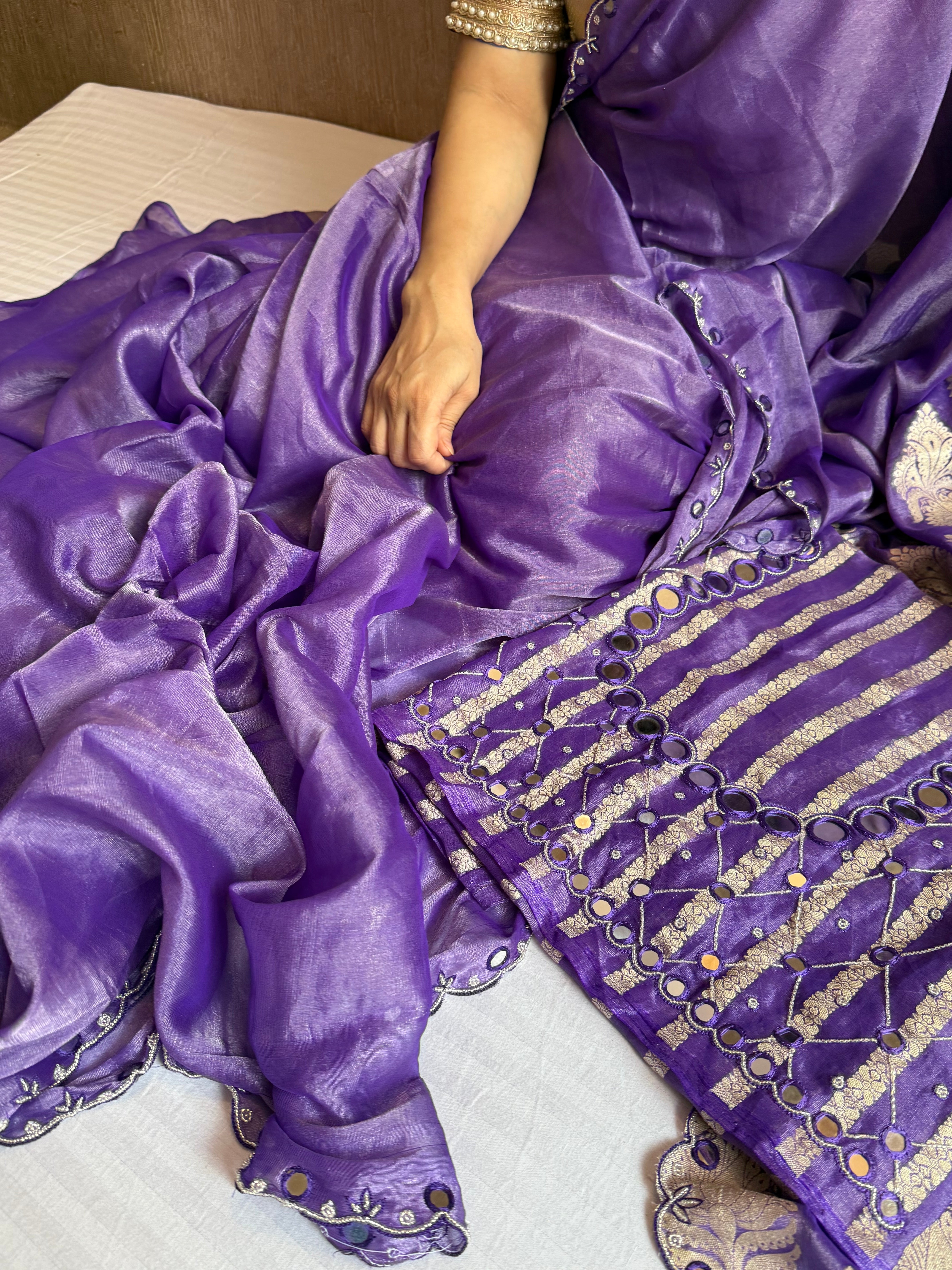 Bright royal purple tissue gorgette kadhwa mirror work hand embroidered saree