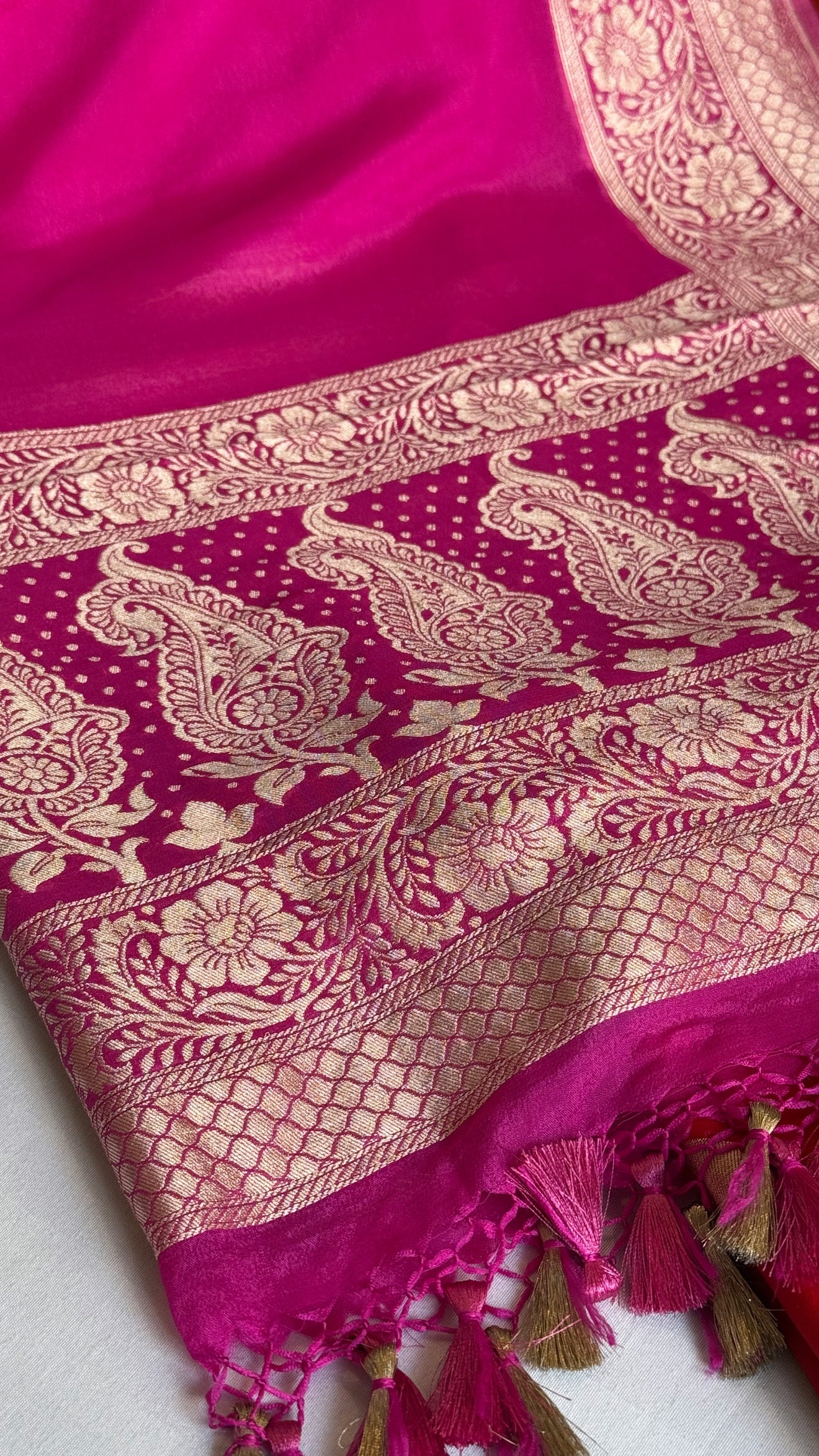 Red-rani ombre shaded chiniya silk kadhwa kurta paired with chiffon gorgette duppata set