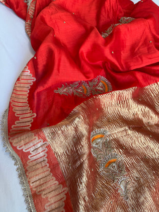 Mastani edit - Tomato red moonga silk hand embroidered kadhwa saree